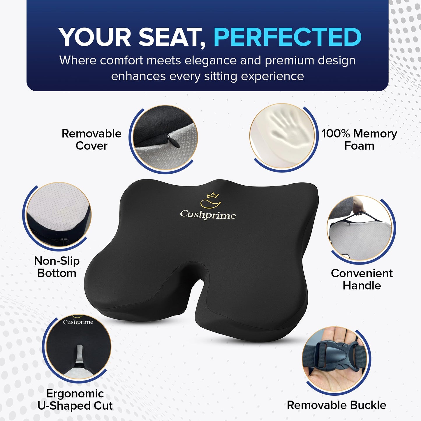 Cushprime Seat Cushion for Chair, Memory Foam Seat Cushion for Tailbone Pain Relief- Ergonomic Support for Coccyx, Back & Butt- Office & Truck Ergonomic Chair Cushion, Black