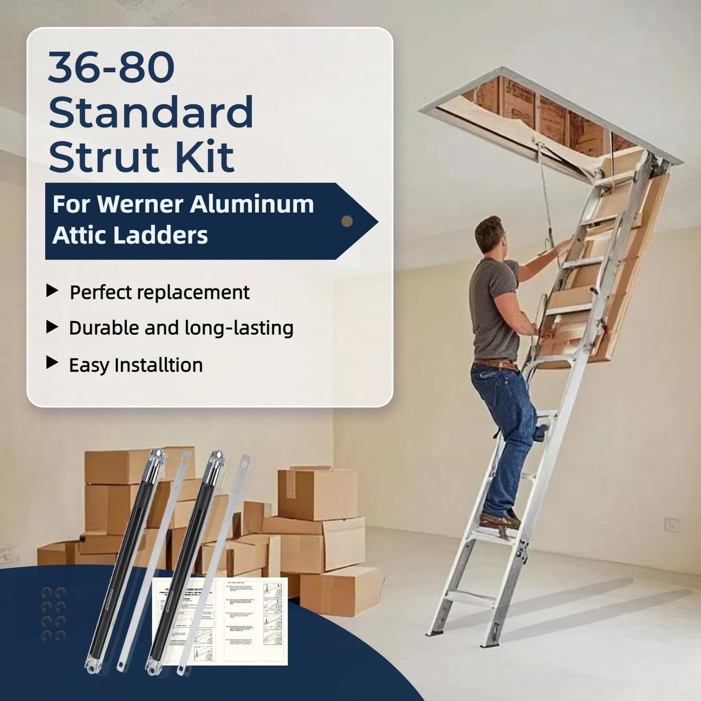 36-80 Standard Strut Kit for Werner Aluminum Attic Ladder - Heavy Duty Ladder Accessories for AH2210, AH2510, AL2210 & More Attic Ladder Pull Down System - Ladder Platform Attachment (1 Pair)