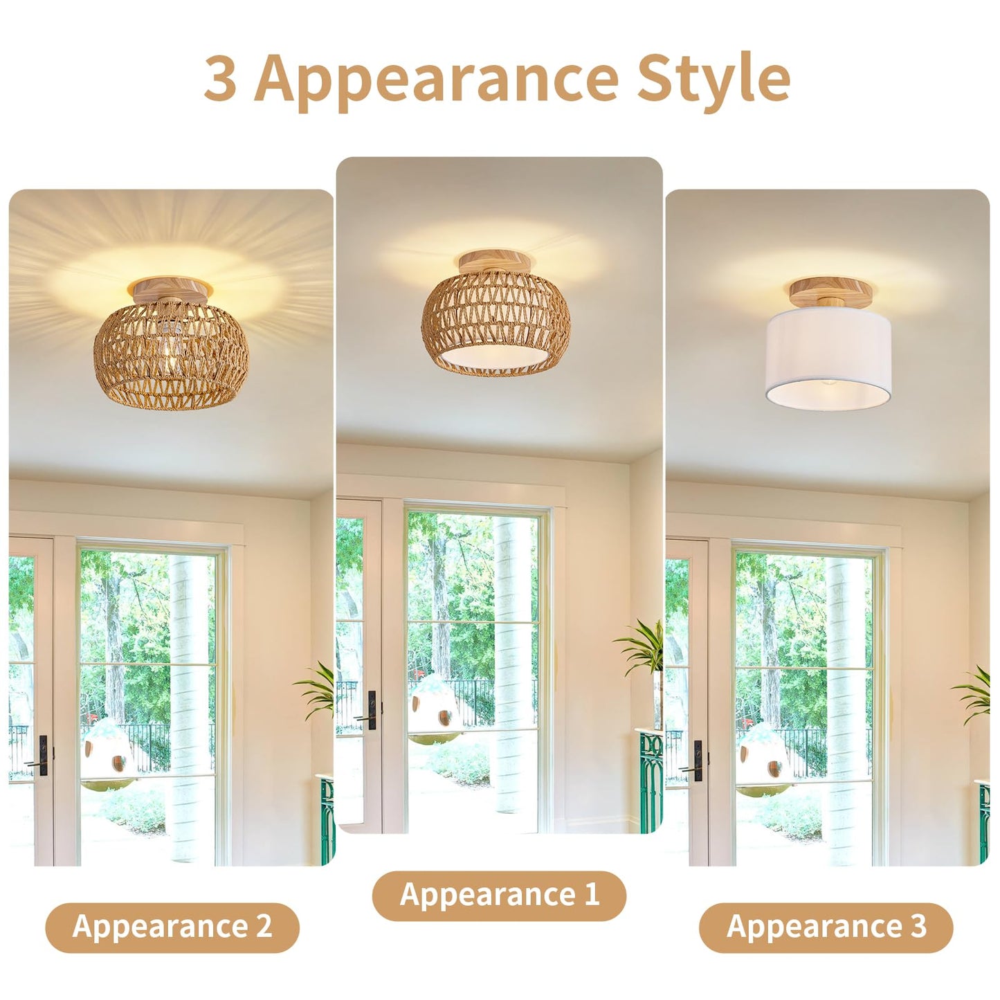 Rattan Ceiling Light Fixture，3 Style Options Boho Flush Mount Ceiling Lights, Hand-Woven Rattan Chandelier,Mini Bohemian Wicker Light Fixtures, Farmhouse Light Fixture for Bedroom Hallway Entryway