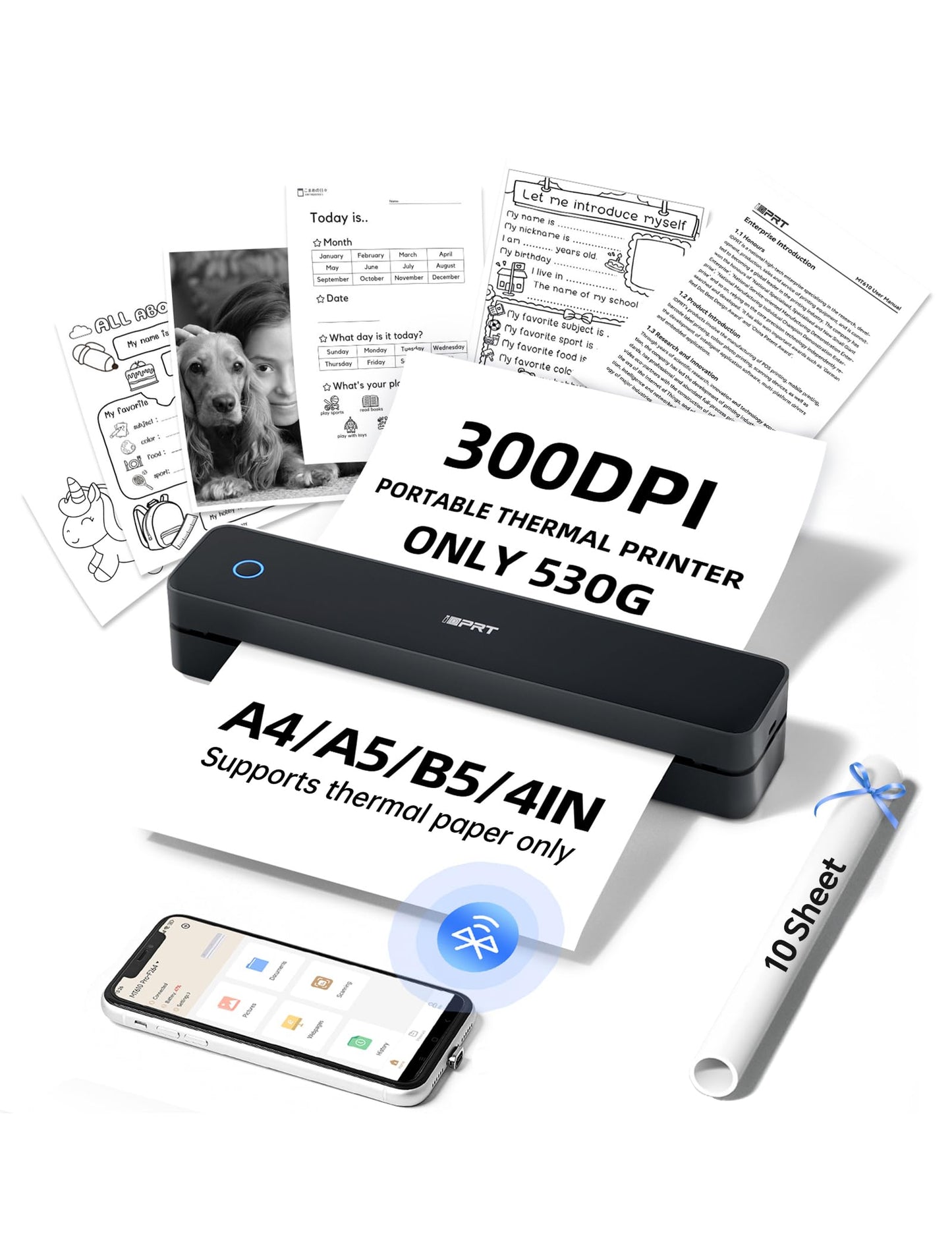 iDPRT MT610Pro Portable Thermal Printer, 300DPI HD Mobile-Travel-Printers, Inkless-Wireless-Small-Printer for Home Use, Office, Vehicles, Bluetooth Printers Supports 8.5" x 11" US Letter&A4&A5, Black