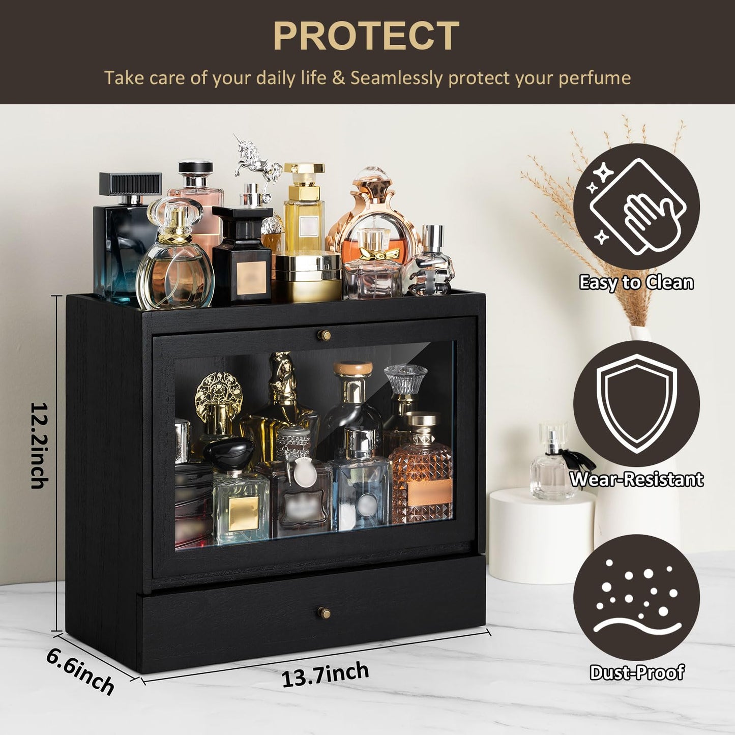 Emfogo Cologne Organizer for Men, Solid Wood Perfumes Organizer for Men Dresser, Large Capacity Dustproof Cologne Holder with Drawer Storage Perfume Stand Organizer, Ideal Gift for Loved ones