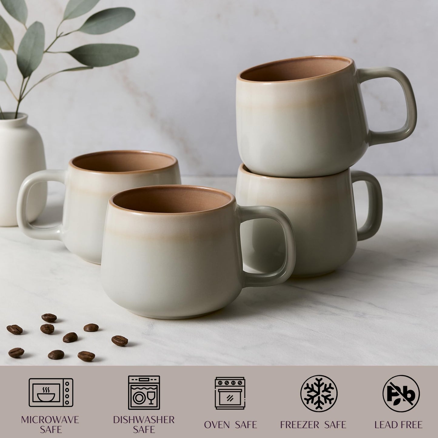 Ava Nord Large Ceramic Coffee Mugs Set of 4 | 16 oz Stoneware Coffee Cups | Lead-Free, Non-Toxic | Microwave and Dishwasher Safe | Comfortable Handle | Nordic Design for Tea, Cocoa, Latte | Sage Ash