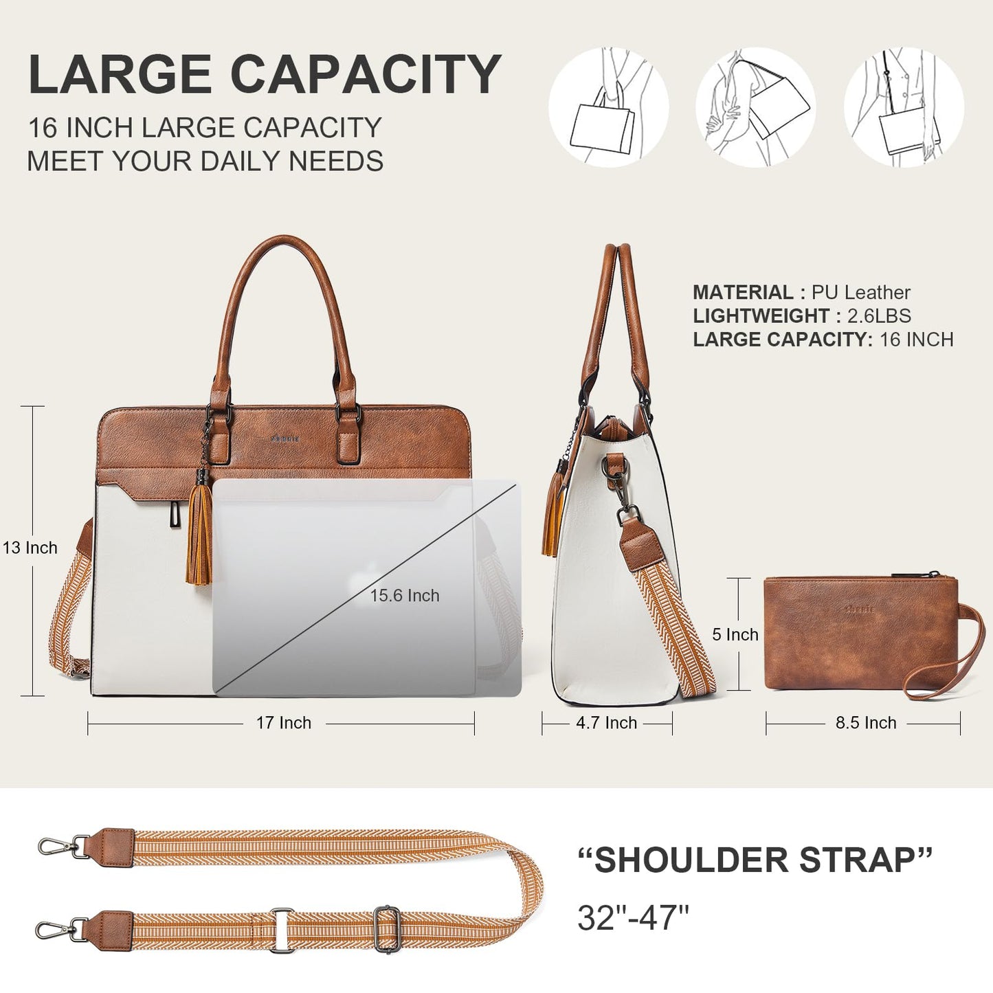 Shrrie 17 inch Laptop Bag for Women,Water-Resistant Work Bag LaptopTote Bag,Professional Business Tote for Office,Travel,College-Fits 15.6 Laptop&Tablet,Briefcase with Satchel Purse,Beige with Brown