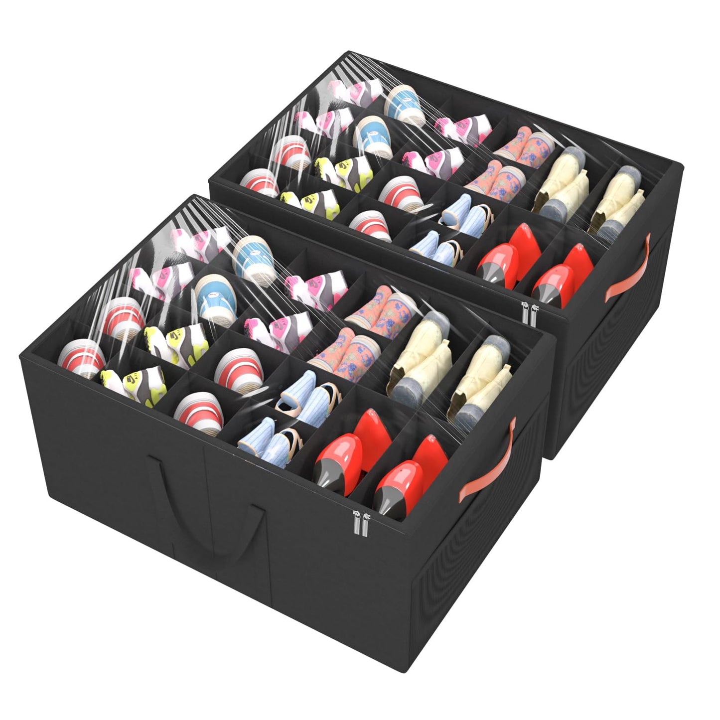 Aokeyee 2 Pack Shoe Organizer for Closet, Large Shoe Storage Box Fits up to 48 Pairs, Space Saving Foldable Shoes Organizer Bin w/Clear Cover and 4 Reinforced Handles, Black