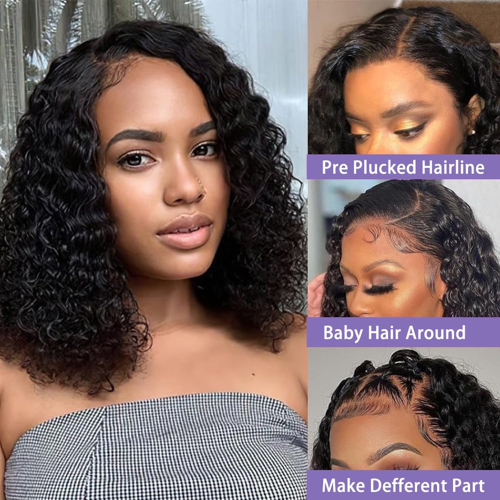 Sungirl Bob Wig Human Hair 13x4 Deep Wave Curly Lace Front Wigs Human Hair For Women Short Bob Human Hair Wig Pre Plucked with Baby Hair Glueless Hair Curly Wigs Nature Hairline 180% Density 14 Inch
