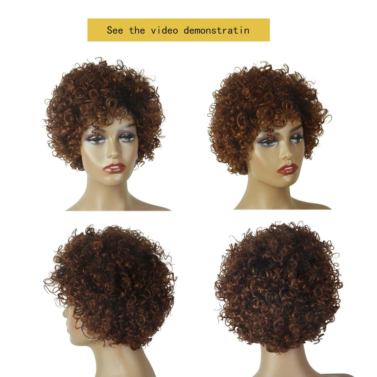 Short Human Hair Wig for Women of Color - Black to Ombre Brown Curls with Bangs - Non-Slip & Easy to Wear