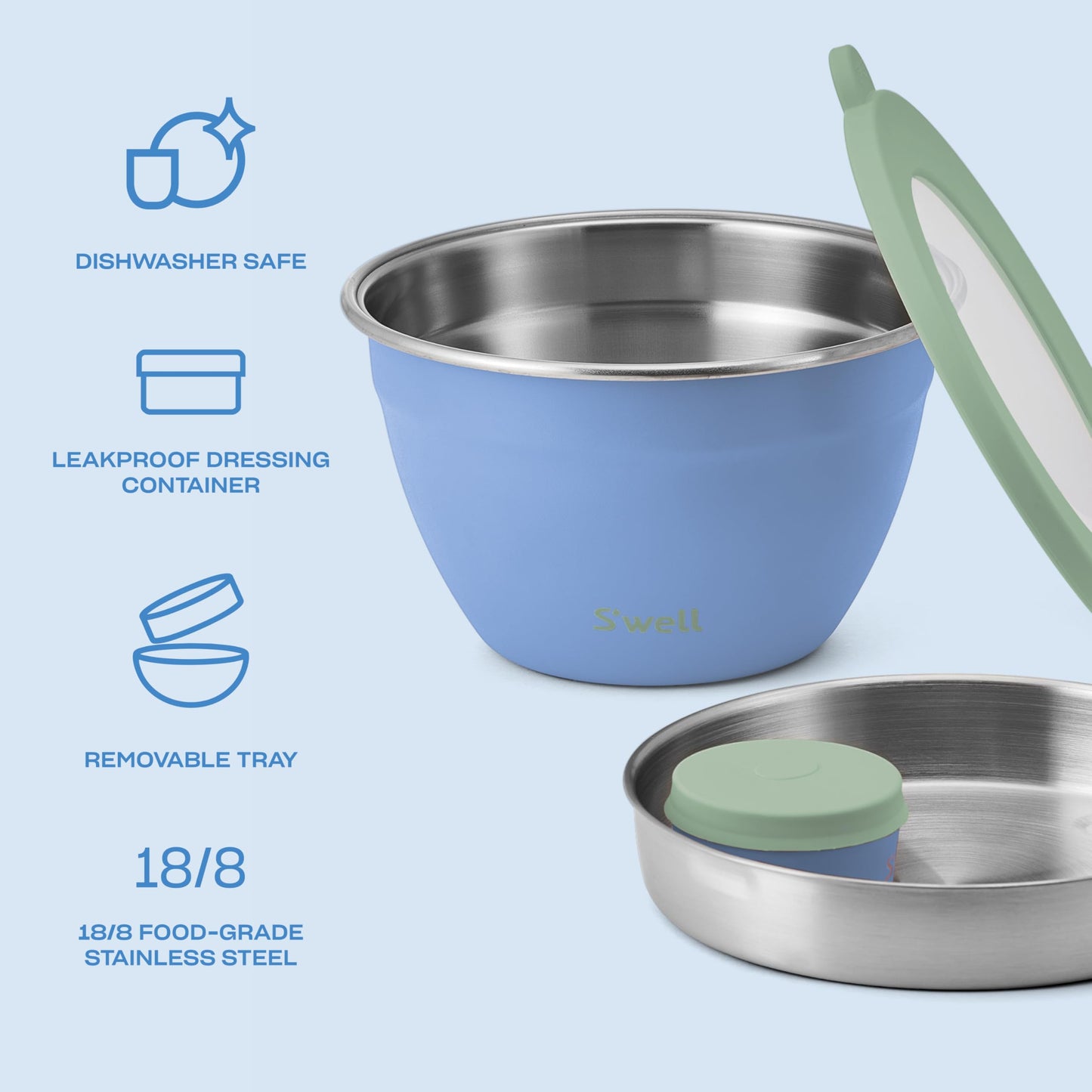 S'well Stainless Steel Salad Bowl Kit 64oz, Chambray, Comes with 2oz Mini Canister and Removable Tray for Organization, Leakproof, Easy to Clean, Dishwasher Safe