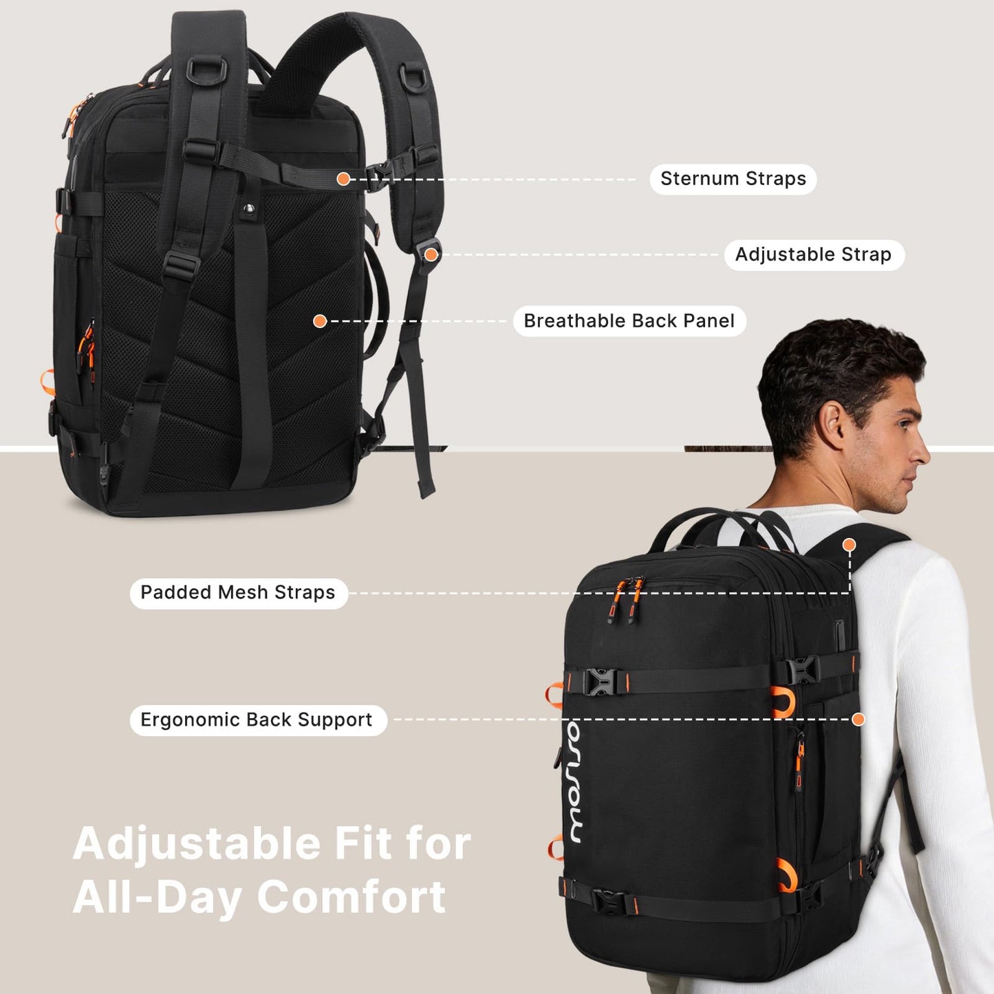MOSISO 40L Travel Backpack for Men, Large Rucksack Duffel Bag Carry on Daypack with USB Port, Fits 15.6 inch Laptop Backpack, Black