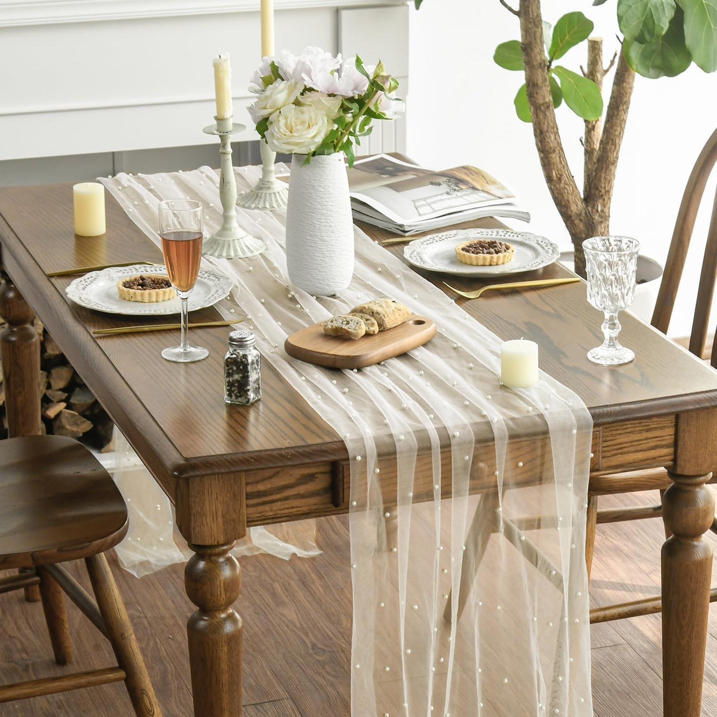 Artoid Mode 10PCS Pearl Beige Gauze Table Runner 120 Inch 10FT, Seasonal Sheer Dining Holiday Wedding Birthday Baby Shower Table Decor for Home Party