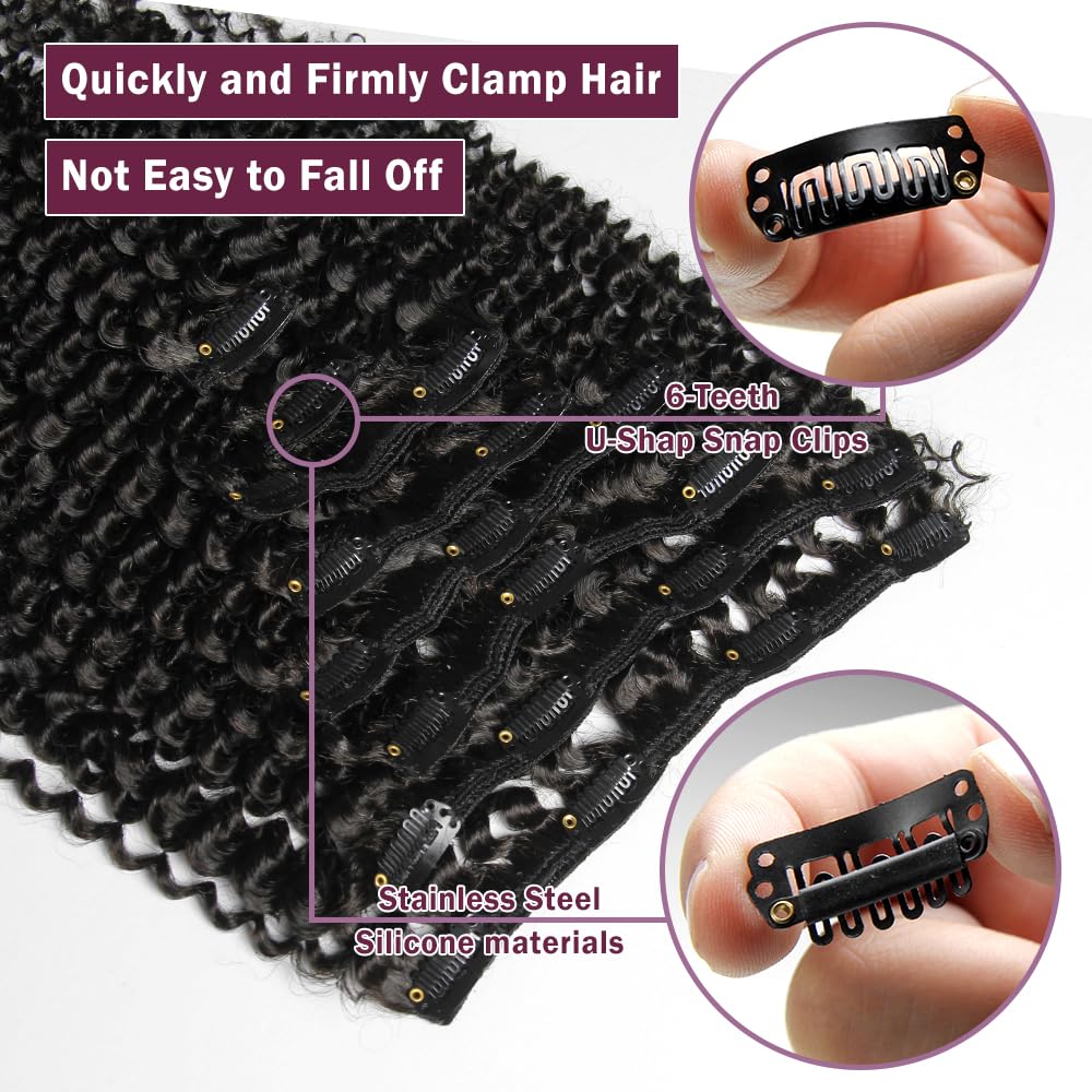 KRN Clip in Hair Extensions, 136g 8 pcs Kinky Curly Human Hair Extensions Clip ins for Black Women 12A Natural Black Real Hair Extensions Clips in Human Hair with 20 Clips Easy to Wear 20 Inch
