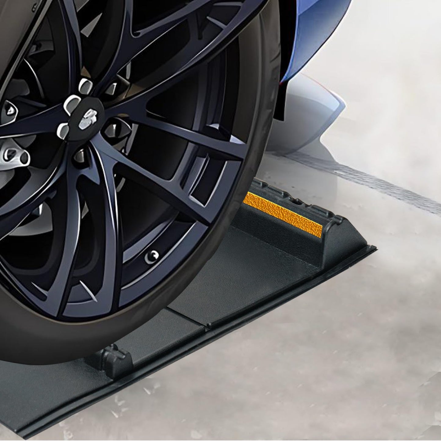 F COME Car Parking Guide Mat, Durable Self Adhesive Anti-Skid Rubber Parking Mat, Wheel Stopper, 2 Pack FoldingTire Guides for Cars, Trucks, 23.6''x15.7''x2.8'' Black with Reflective Strips
