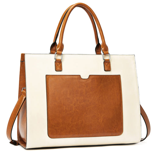 BROMEN Womens Briefcase Leather 15.6 inch Laptop Shoulder Bag Business Tote Handbag Brown with Beige