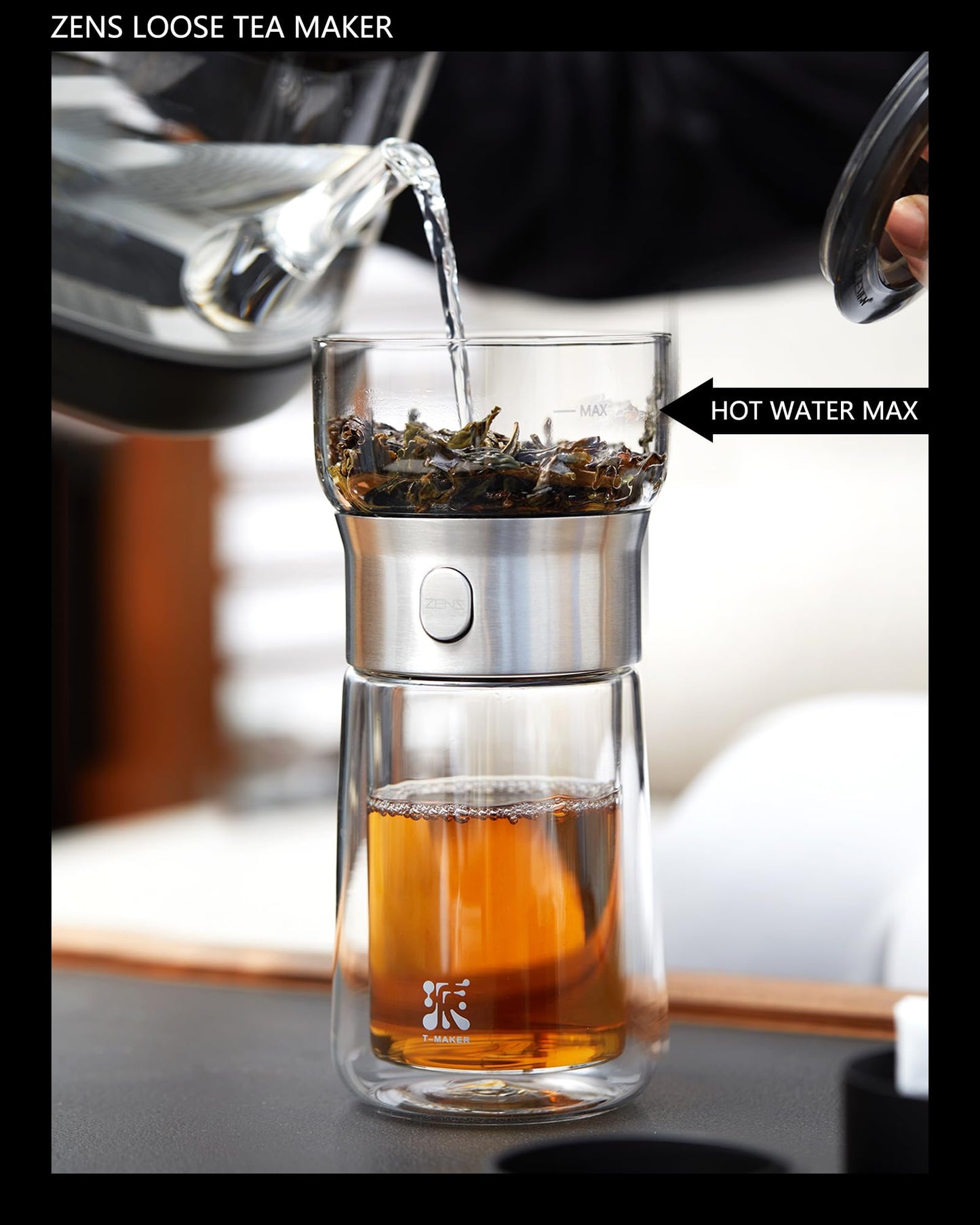 ZENS Modern Glass Tea Infuser Teapot, Smart One Touch Tea Maker for Loose Tea Diffusers with Insulated Mug and Portable Tea Kits, Cool Gongfu Tea Pot for Black Tea Lover Gifts