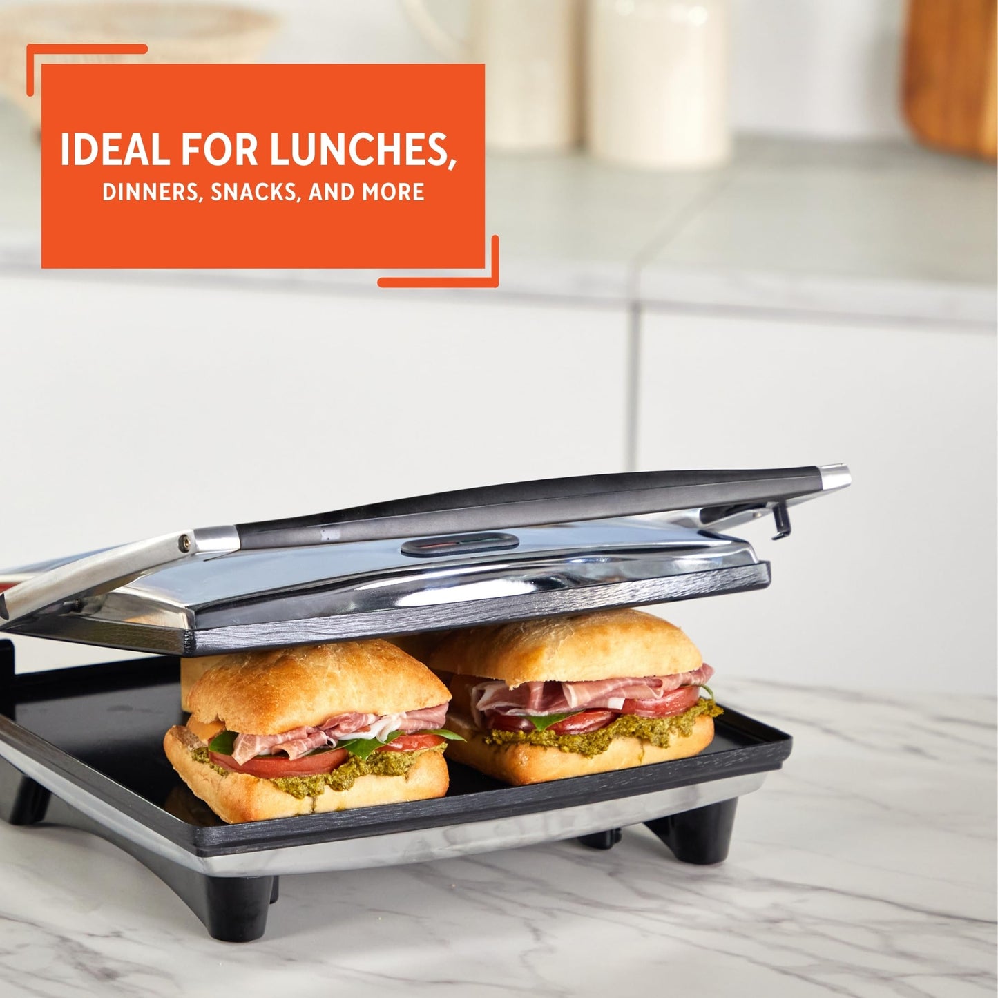 IMUSA 12x10in Stainless Steel Electric Panini Press with Temperature Control, Nonstick Plates for Sandwiches, Grilled Paninis, Quesadillas, and More