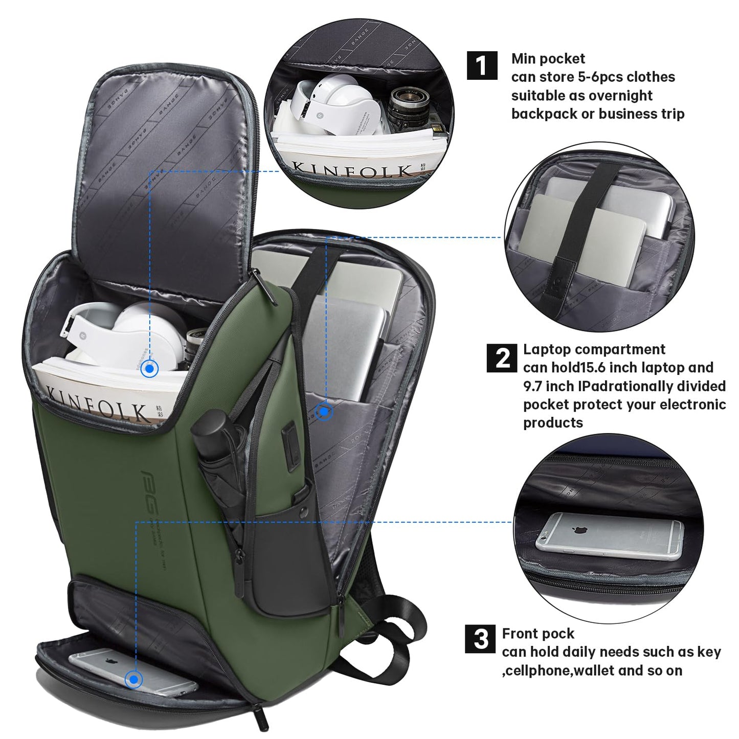 BANGE Business Laptop Smart backpack Can Hold 15.6 Inch Laptop Commute Backpack Carry on bag for men and women (Green)