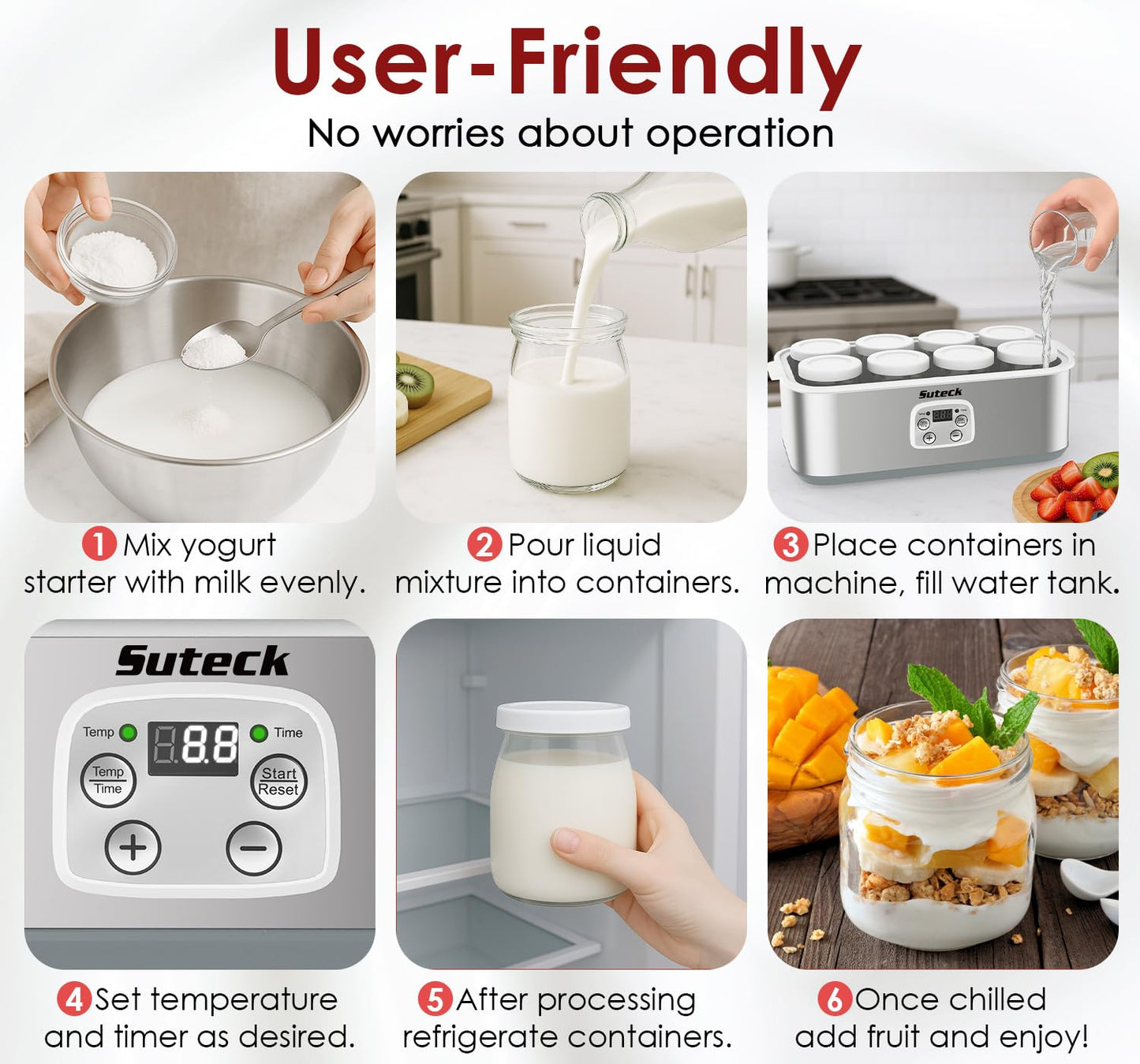 Suteck Yogurt Maker - Stainless Steel Yogurt Makers with Adjustable Time & Temp Control，Automatic Shut-Off & Constant Temper for Homemade Greek, Probiotic Yogurt, BPA-Free 8 Glass Jars (48 oz)