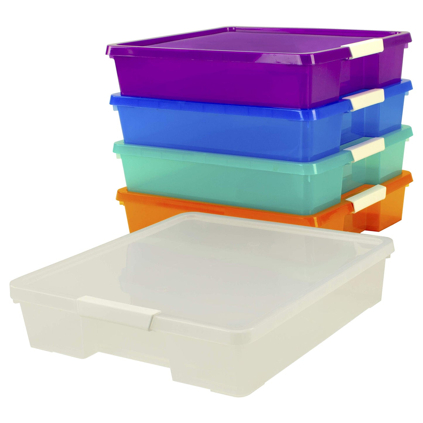 Storex Classroom Student Project Box, Plastic, 15.25 x 13.25 x 3.25 inches , Assorted Tints, 5-Pack (63202U05C), standard sized