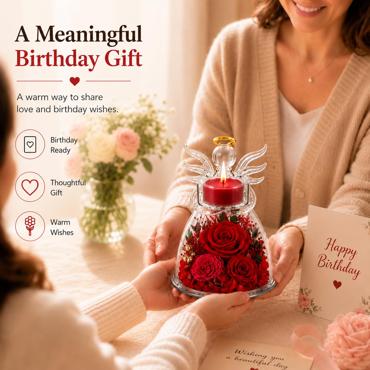 Agrul Birthday Gifts for Wife Girlfriend Women, Preserved Red Rose in Glass Angel Candle Holder, Romantic for Her, Forever Flower Home Decor