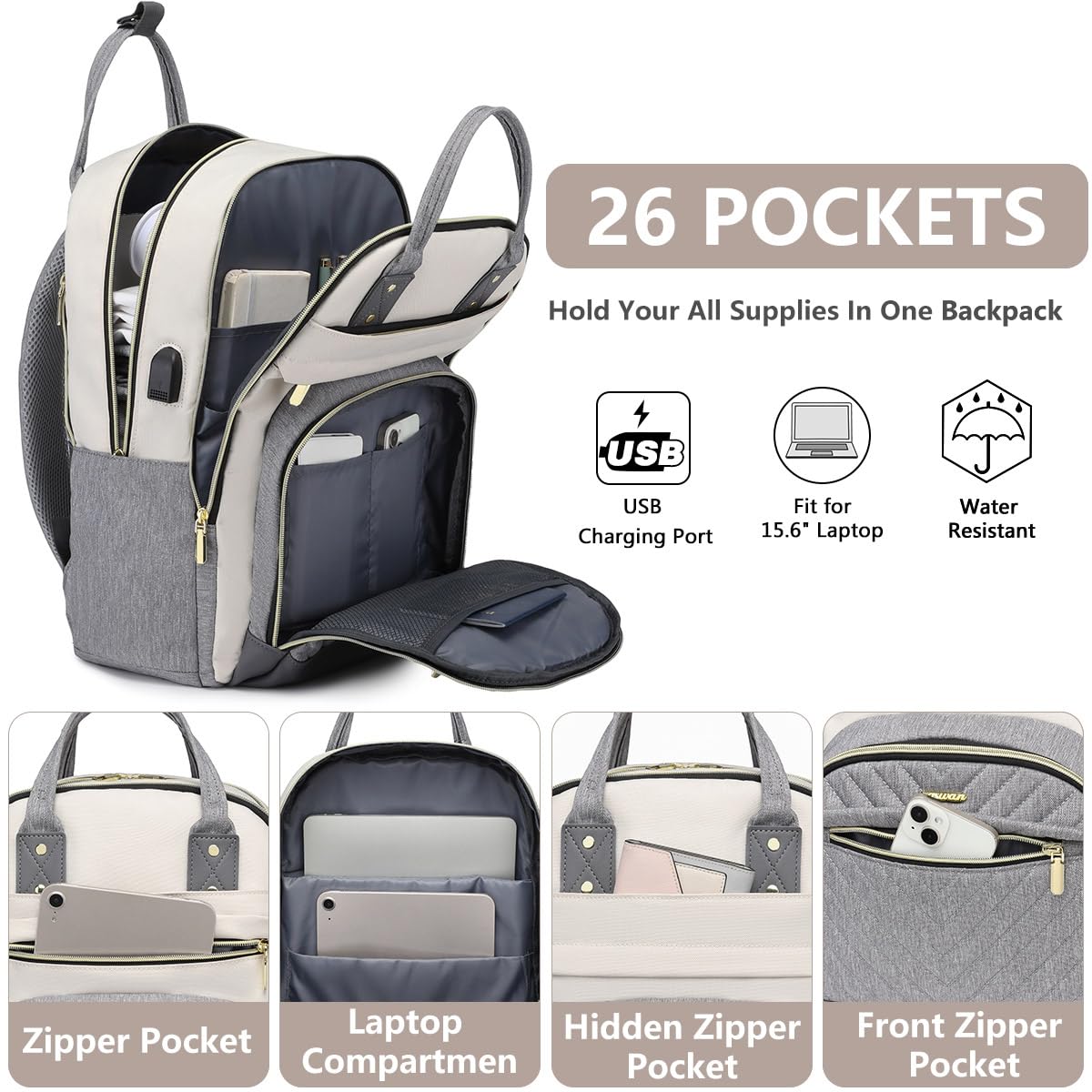 Laptop Backpack Women Work Bag - Travel Backpack Purse with USB Charger 15.6 Inch Nurse Bag College Teacher Business Backpack Waterproof Laptop Bag Beige Grey