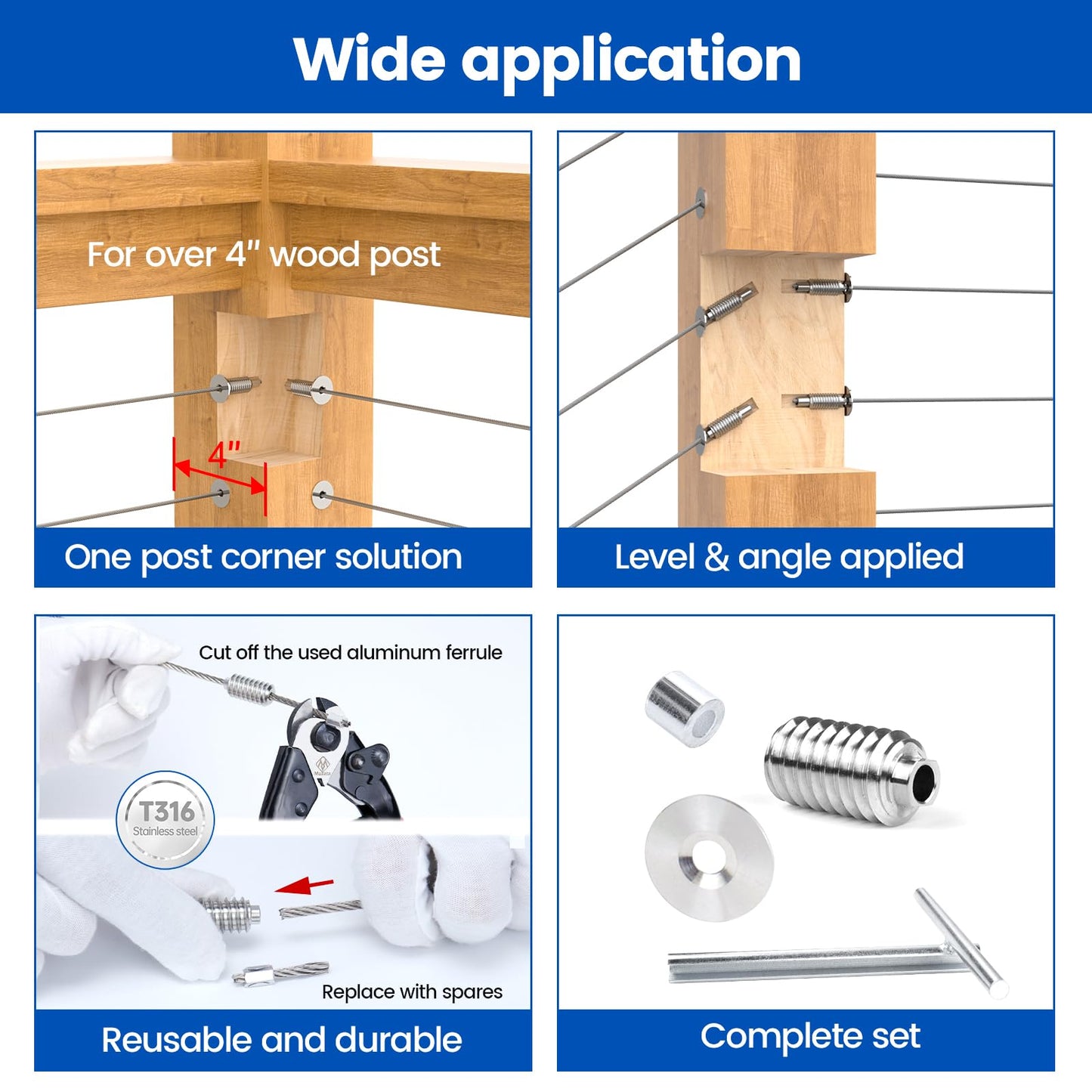 [Patent] Muzata 20 Pack 3/16" Invisible Cable Railing Kit Hardware Swage Lag Screw Hidden for 4x4 6x6 8x8 Wood Posts T316 Stainless Steel Deck Cable Railing System 10 Pairs CR99