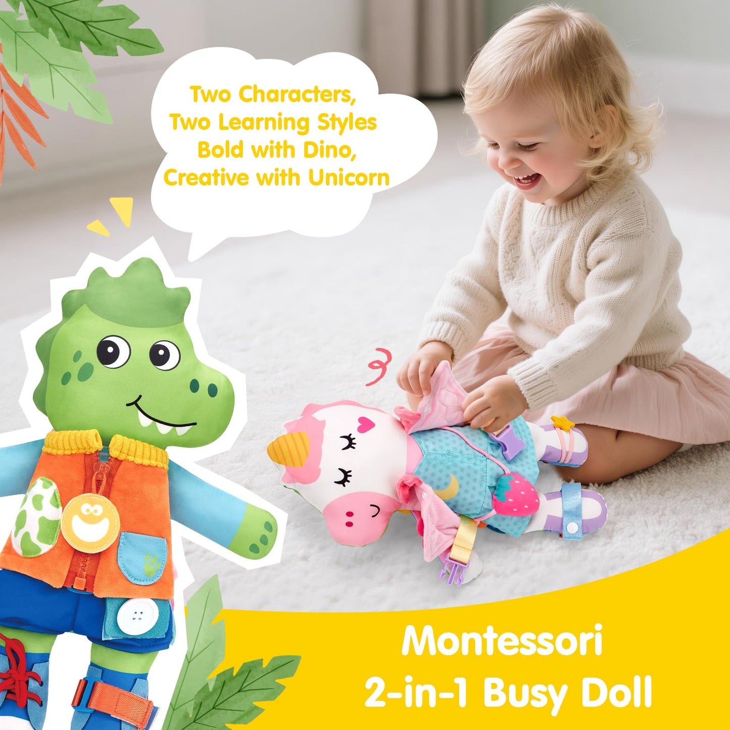 hahaland Montessori 2-in-1 Busy Doll for Toddlers 1-3, Reversible Dinosaur & Unicorn Educational Learn to Dress Doll with 15+ Buckle, Snap & Dressing Skills, Toddler Gifts for 2 Years and Ups