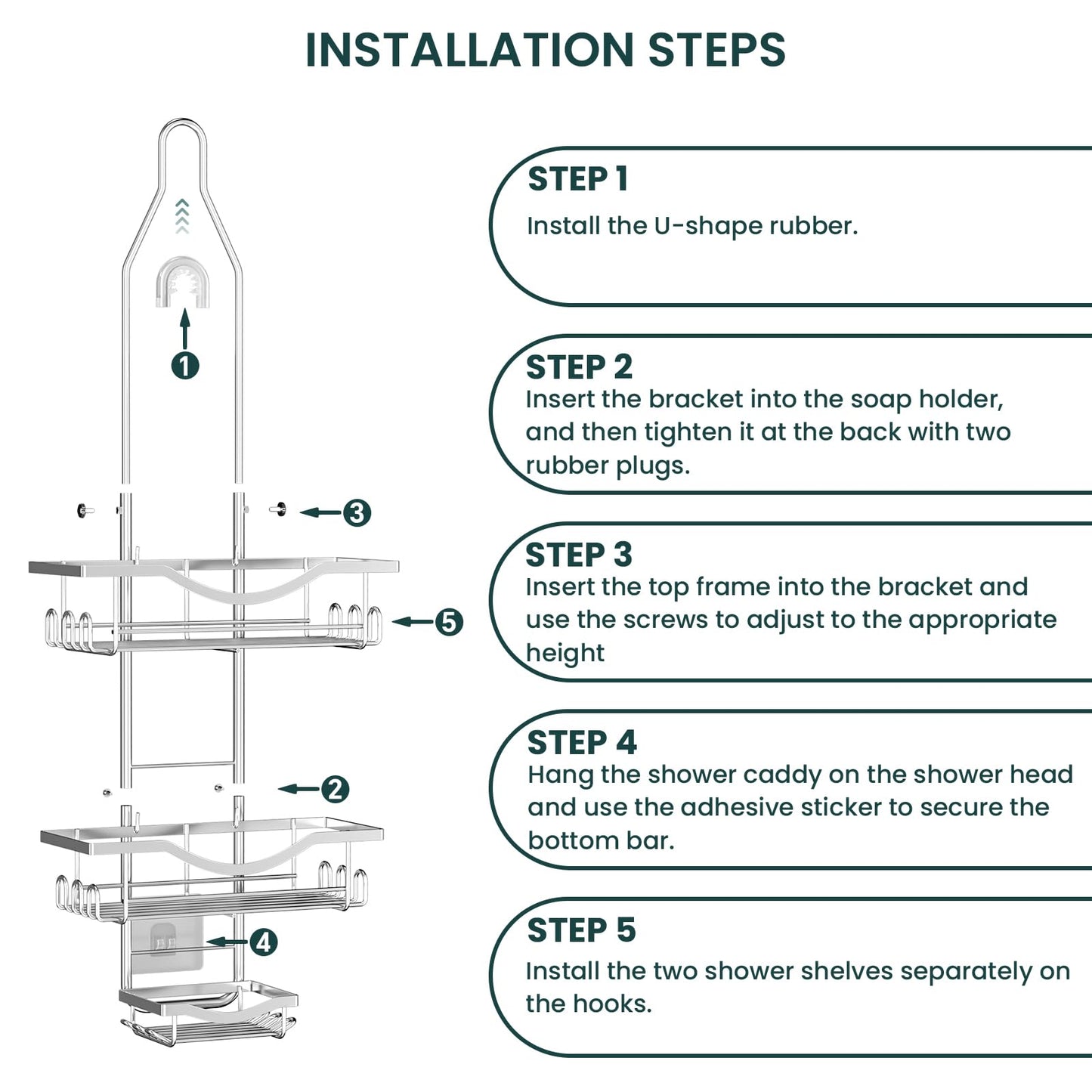 Shower Caddy Hanging Adjustable Shower Caddy, Rustproof Shower Organizer Extended Length Showers Caddy Over Shower Head with Hooks Soap Holder, Large Capacity Anti-Swing Bathroom Organizer, Silver