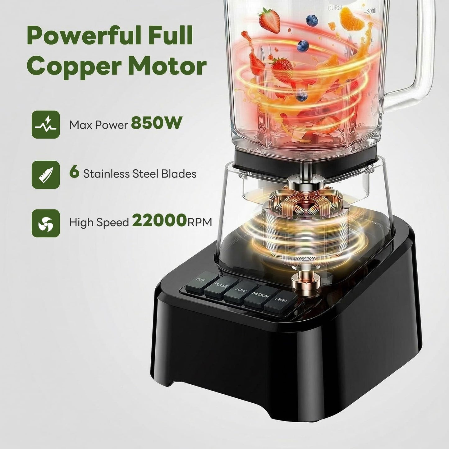 OLIXIS Professional Blender for Smoothies, Full-Size Kitchen Blender with 850 Peak Watts & 54oz Large Glass Pitcher, 4 Speeds with Pulse for Ice Crushing Frozen Fruits, Dishwasher Safe, Black