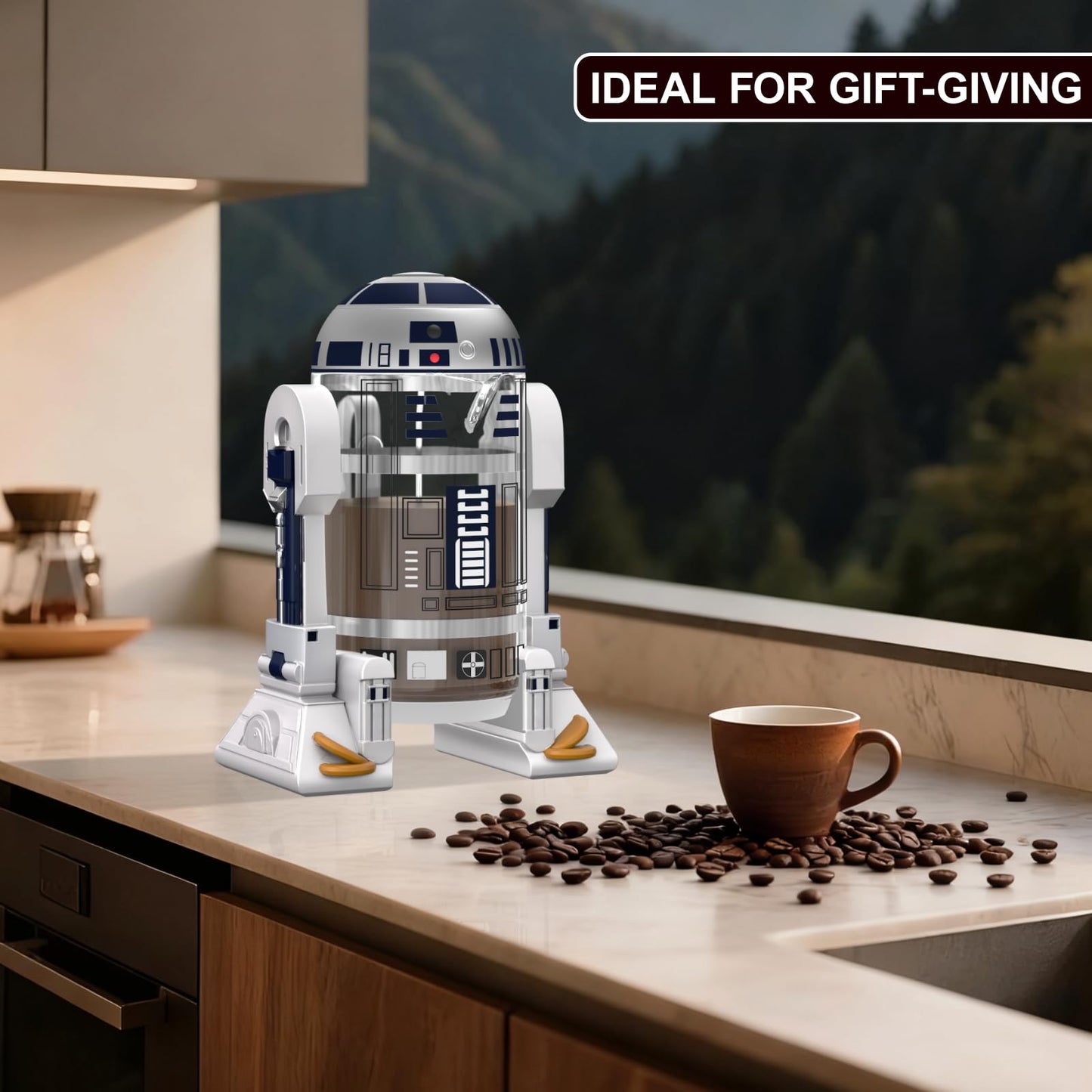 TEENKON French Press Insulated 304 Stainless Steel Coffee Maker, 32 Oz Robot R2D2 Hand Home Coffee Presser, with Filter Screen for Brew Coffee and Tea (White)
