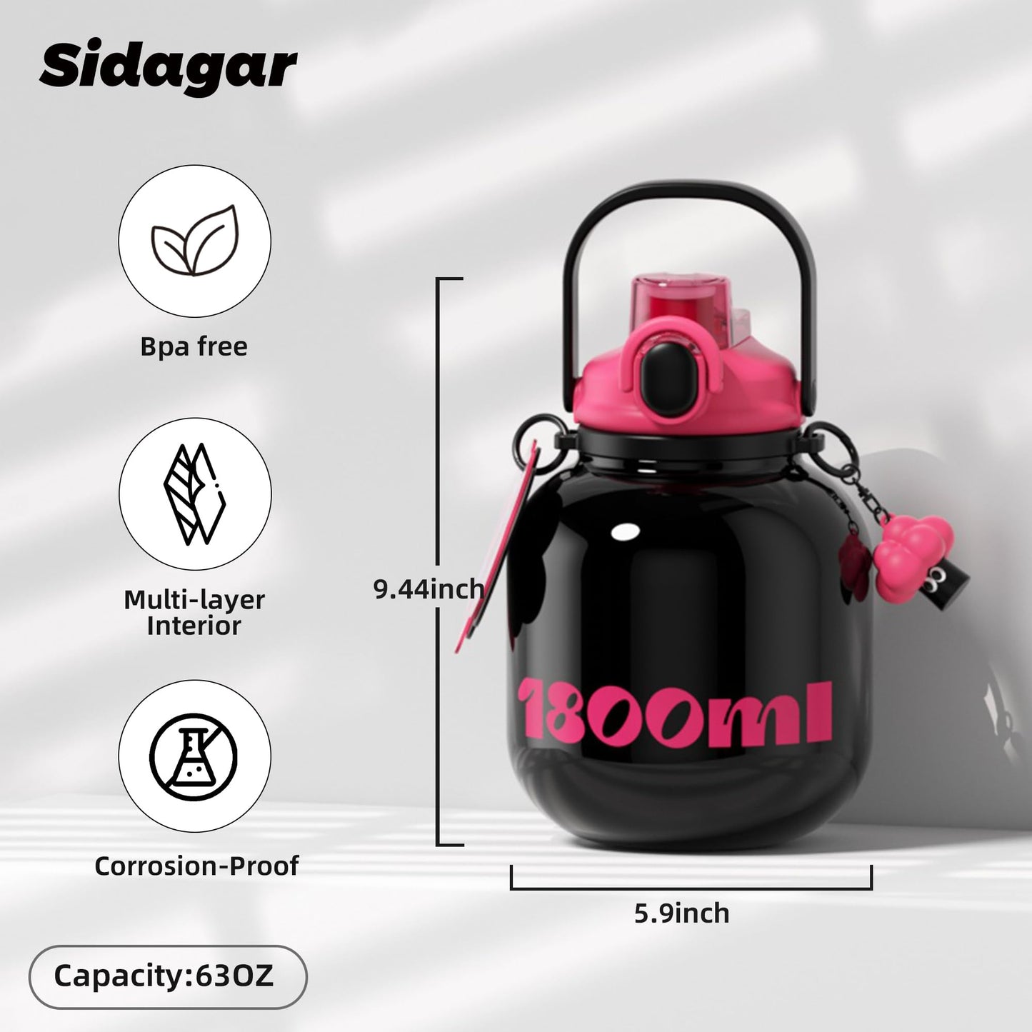 Sidagar 60 oz Big Gallon Water Bottle with Straw and Carry Handle, Black Wide Mouth Vacuum Water Jug, Insulated Stainless Steel Bottles; Heavy-Duty Aesthetic Yoga Flask for Women, Sweet & Cool Black