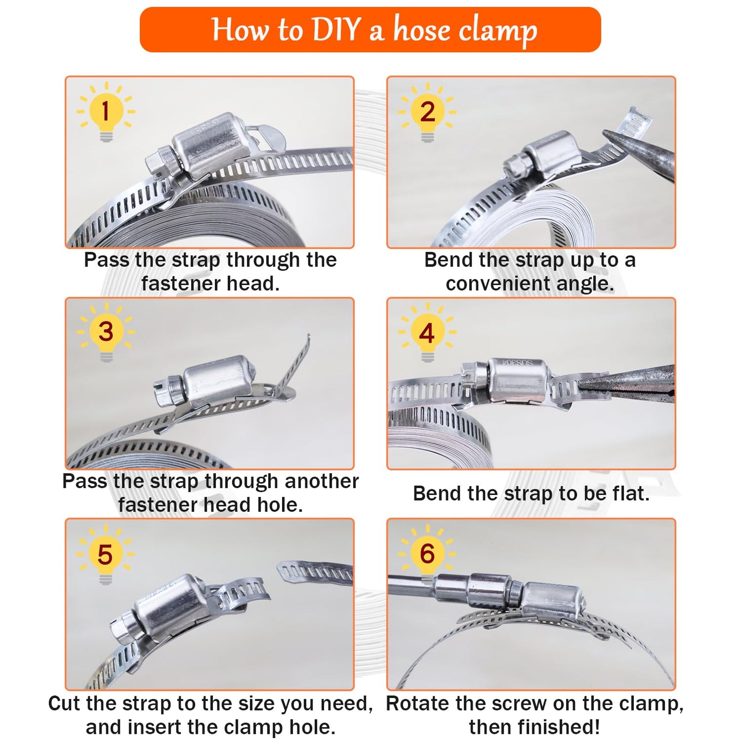 Dianrui DIY Hose Clamps 50FT 304 Stainless Steel Metal Strap + 24PCS Stronger Fasteners Assortment Kit Softsteel Large Adjustable Pipe Clamps Band Clamp for Pipe Automotive Mechanical