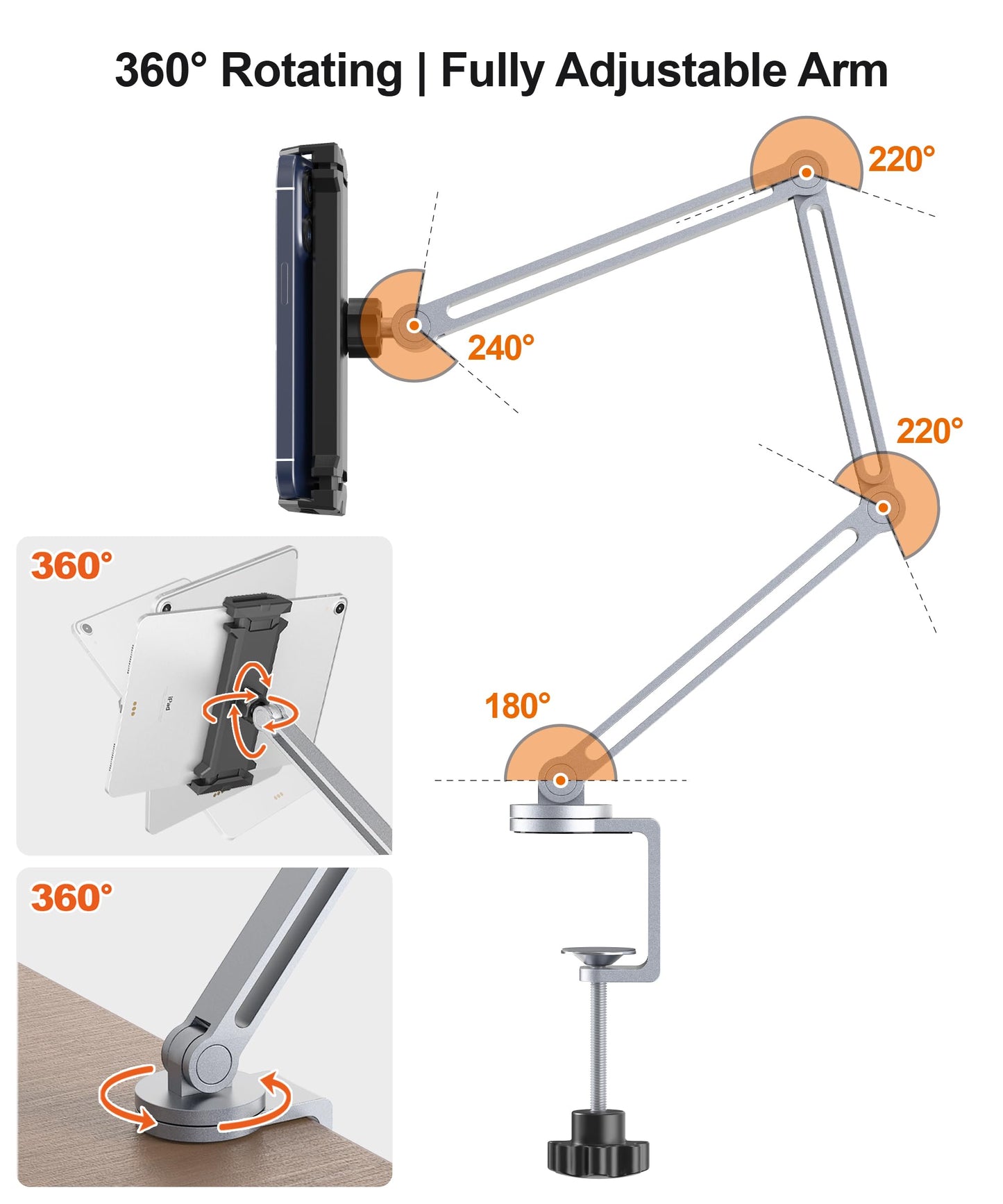 YICOSUN Tablet Arm Mount with Super Grip, Adjustable Foldable Holder & Heavy Duty Aluminum 360° Rotating Clamp for iPad, Phone, Monitor, Kindle - Universal for Desk, Bed, Kitchen - Silver