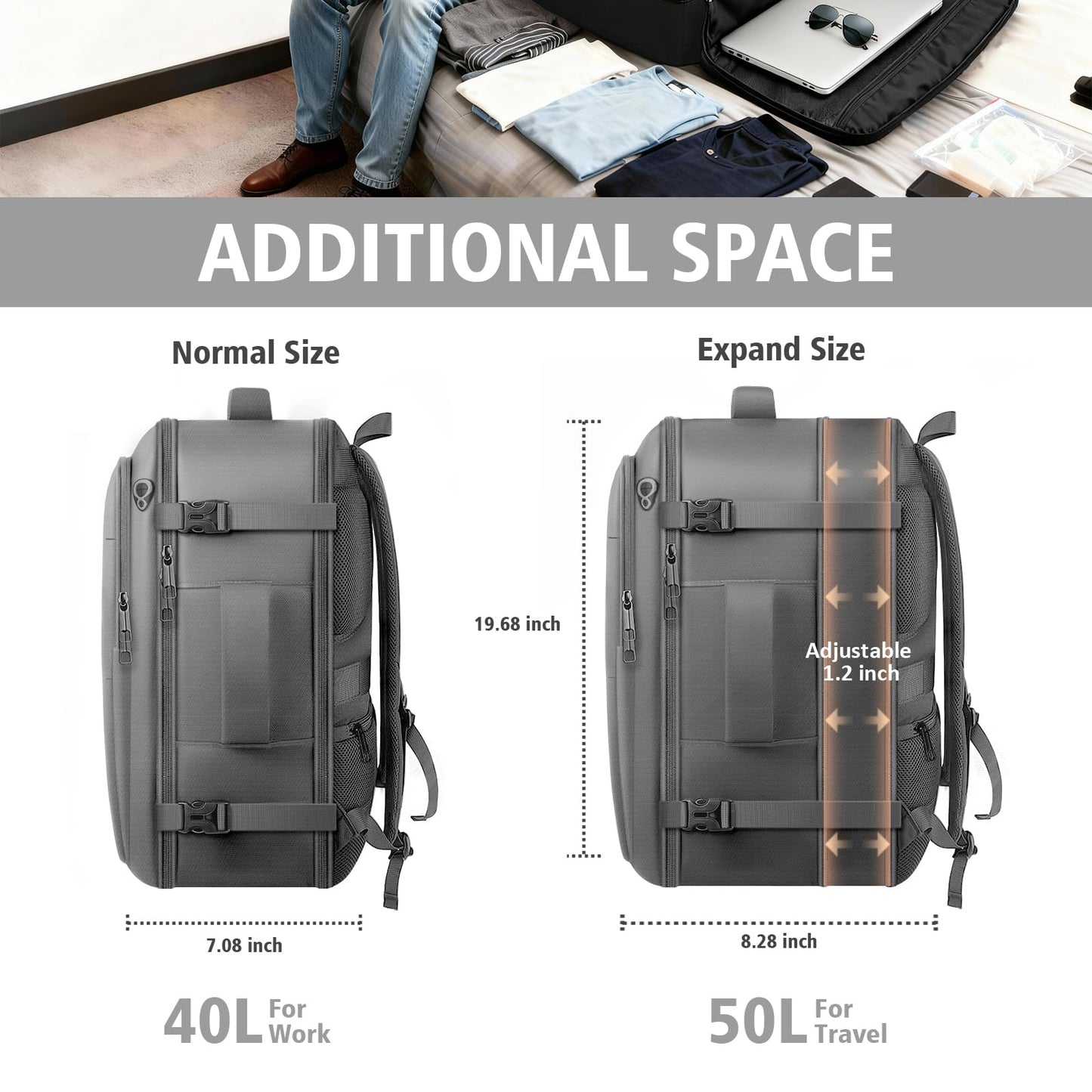 tazbuzo Travel Backpack, Extra Large 50L Flight Approved Carry on Backpack, Expandable Waterproof Business Suitcase Daypack Big Bag Fits 18.4 Inch Laptop, Grey