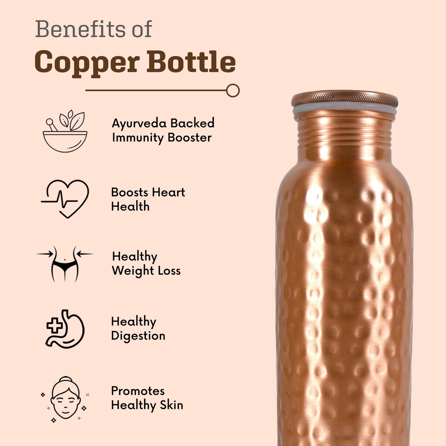 AAYUVEDA Pure Copper Bottle | 34Oz Water Bottle For Drinking | Leak-Proof Hammered Design Bottles For Home, Gym, School & Travel | Durable, Rust Proof & Handmade Bottles | Ayurvedic Copper Cups