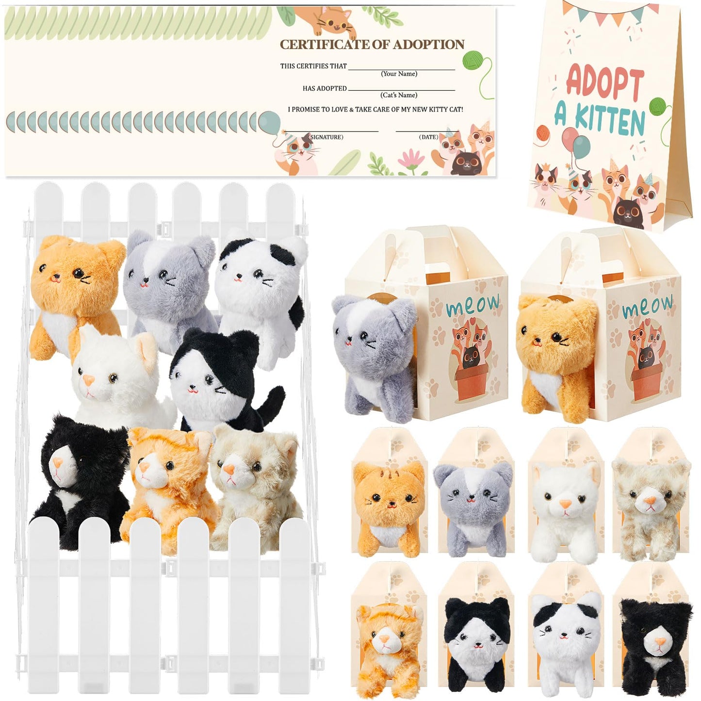 Skylety 24 Sets Pcs Adopt a Cat Favors Small Stuffed Plush Cats Bulk with Foldable Puppy Boxes Adoption Cards White Fences and Paper Sign for Adopt a Pet Theme Birthday Party Supplies Gifts