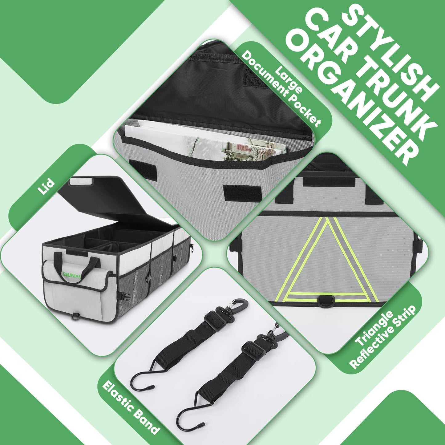 Simniam Car Trunk Organizer with Insulated Grocery Bag- 110L High Capacity Car Storage Box, with 4 Compartments, Reflective Strip, Cover, for Auto, SUV, Truck, Minivan