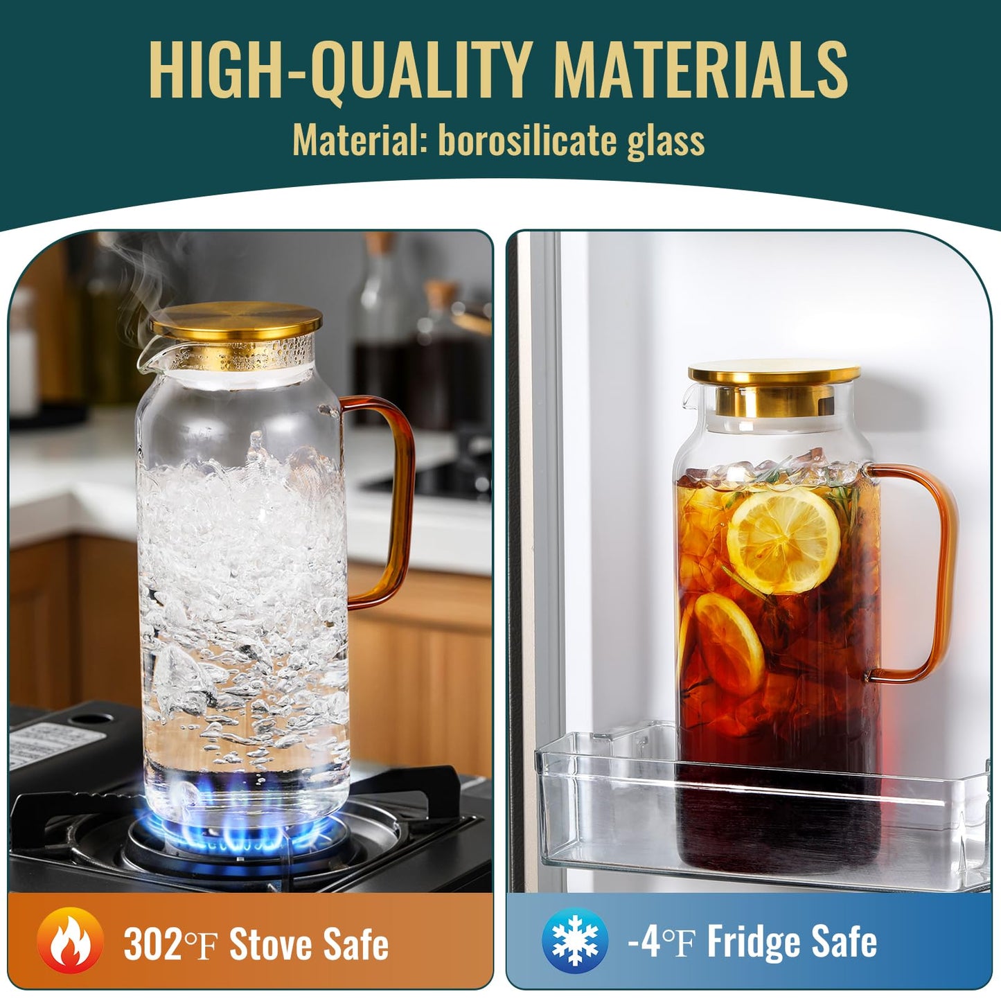 4 Pack 2 Liter/68 oz Glass Pitcher with Lid, Water Pitchers with Handle for Fridge, Large Jug for Iced Tea, Coffee, Borosilicate Glass Carafe for Hot/Cold Brew Drink and Homemade Beverage, Gold