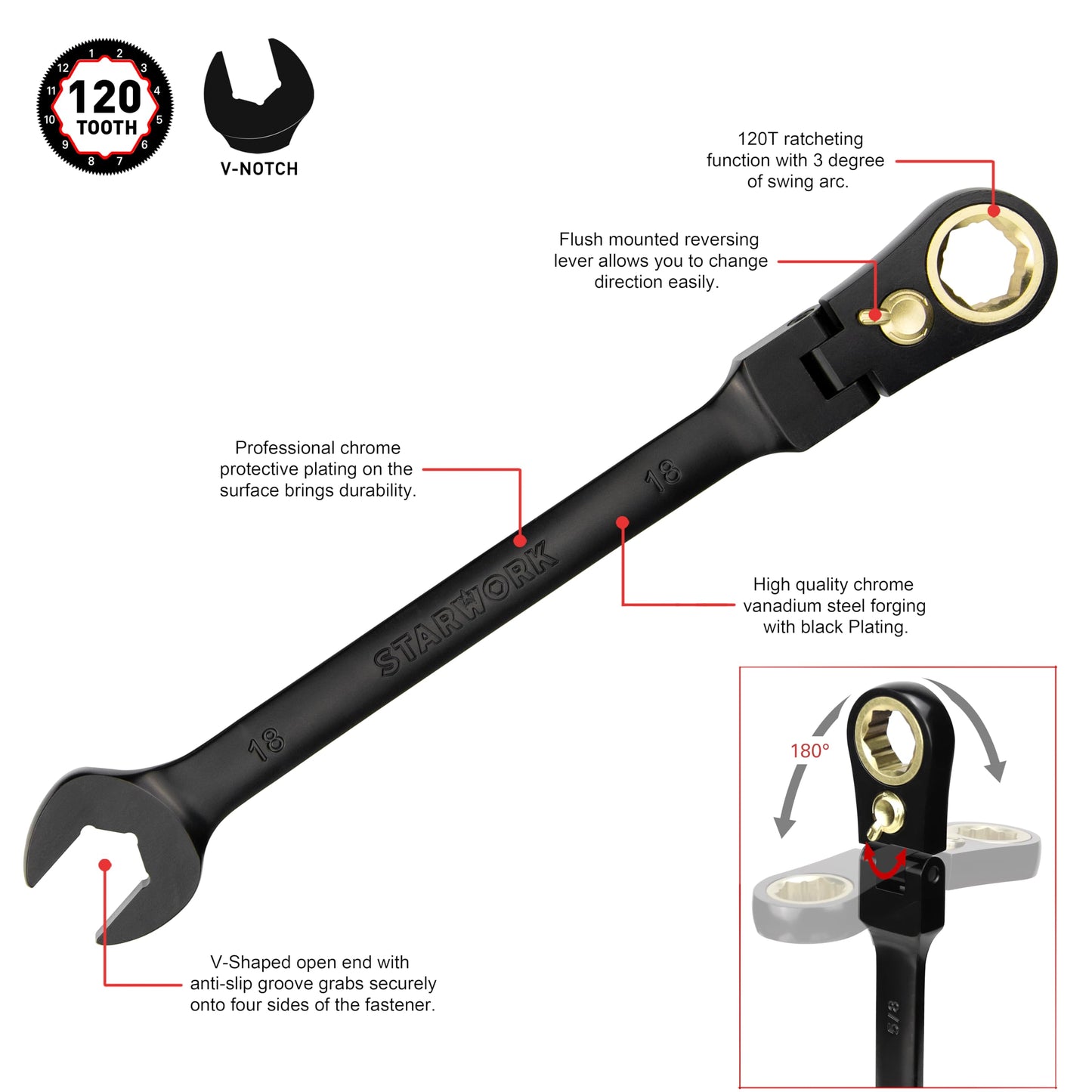 STARWORK TRUE MECHANIC™ 20-Piece, 120T, Reversible, Flexible Ratcheting Wrench Set, Non-Slip, Long Pattern, SAE/Metric, Professional, With Portable Roll-Up Pouch Bag
