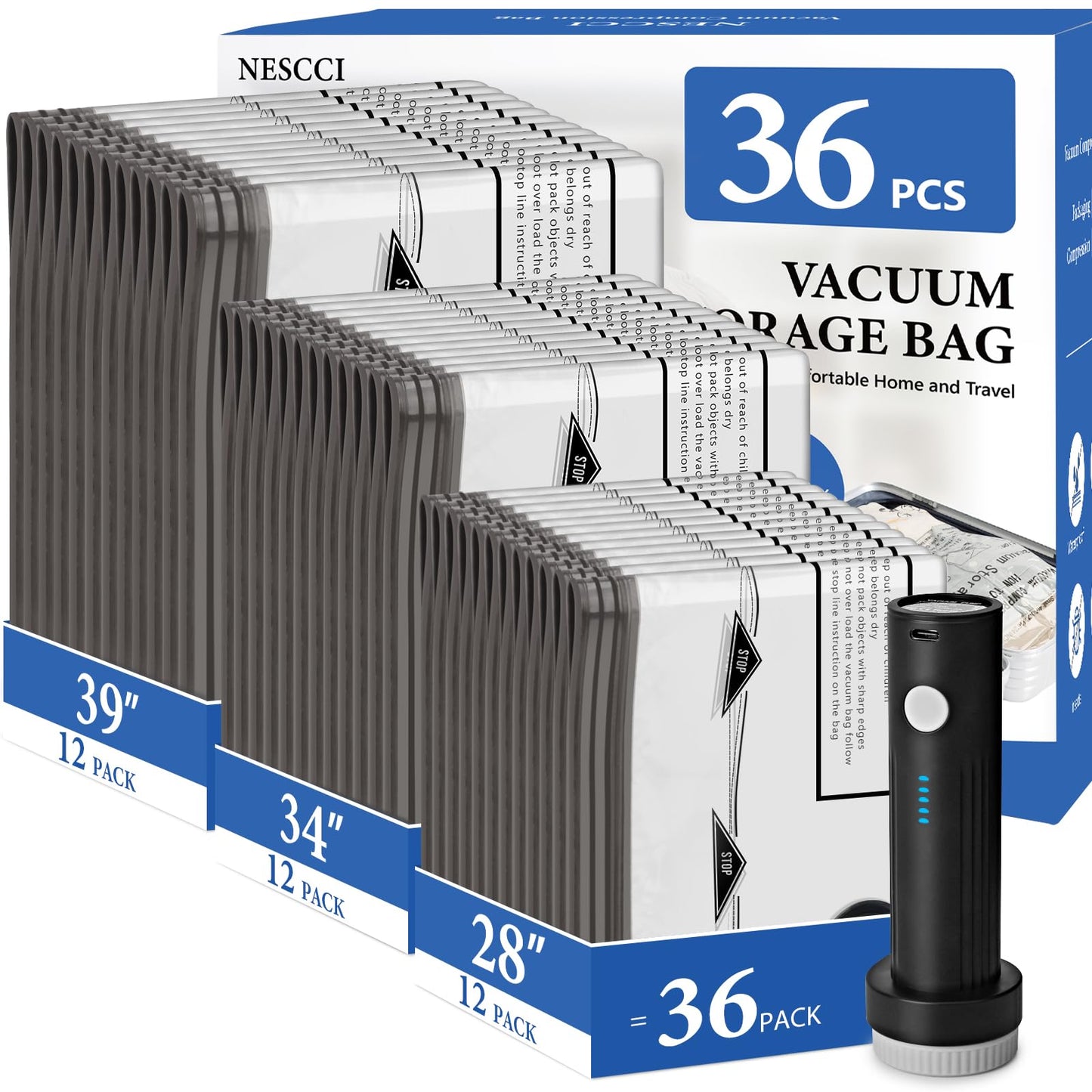 NESCCI Travel Vacuum Bags for Clothing with Rechargeable Wireless air Pump，36 Pack Compression Packing Bags for Luggage Suitcase,Carry-on Size Space Saver vacuum storage bags