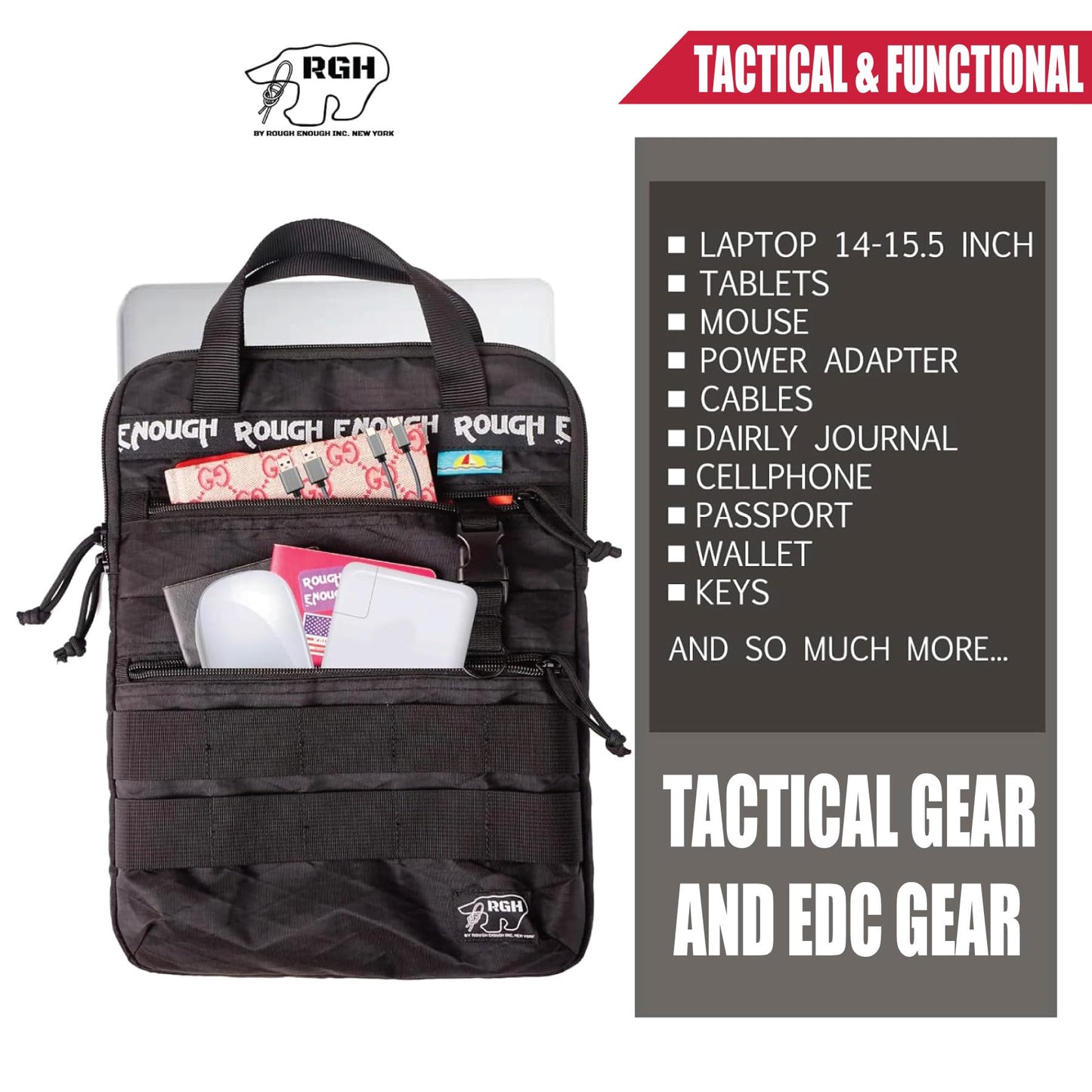 Rough Enough 14 Inch Laptop Sleeve Case Bag Tactical with Dual Compartments Luggage Strap Handle Weather Resistant for Travel Outdoor adventures Black