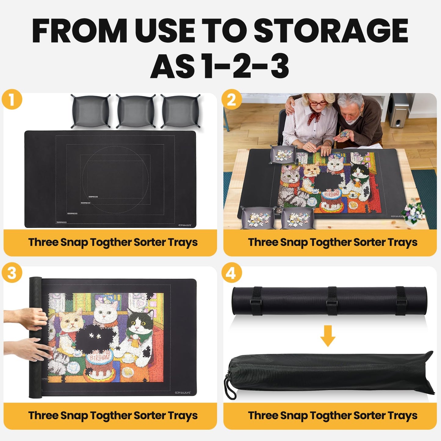 Jigsaw Puzzle Mat Roll Up, Saver Pad 46" x 26 ", with 3 Sorting Trays & Travel Storage Bag,Portable Keeper Up to 1500 Pieces with Non-Slip Rubber Bottom