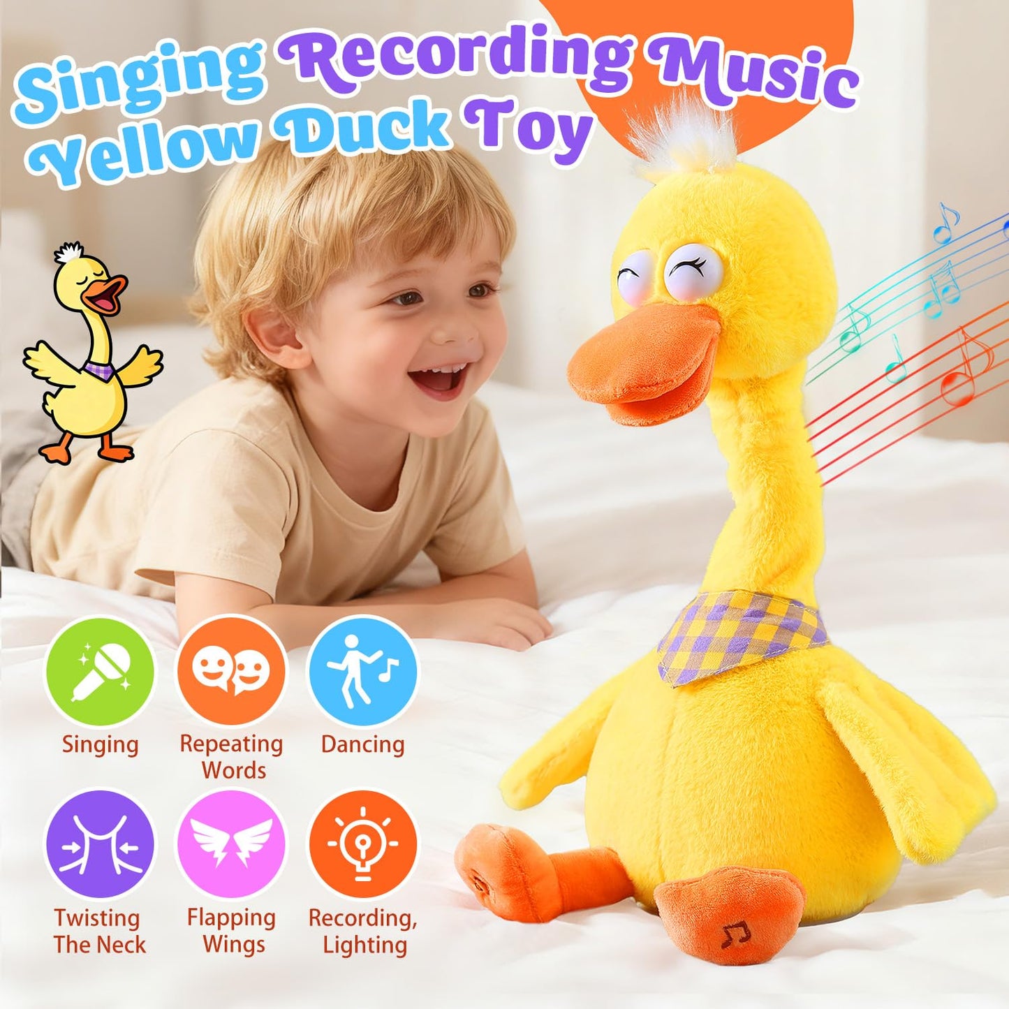 13" Talking Dancing Duck, Repeating What You Say Mimicking Recording Plush Baby Toy Musical English Songs Singing Talking Glowing Animated Twisting Gifts of Lighting Up Funny Toys for Boys Kids