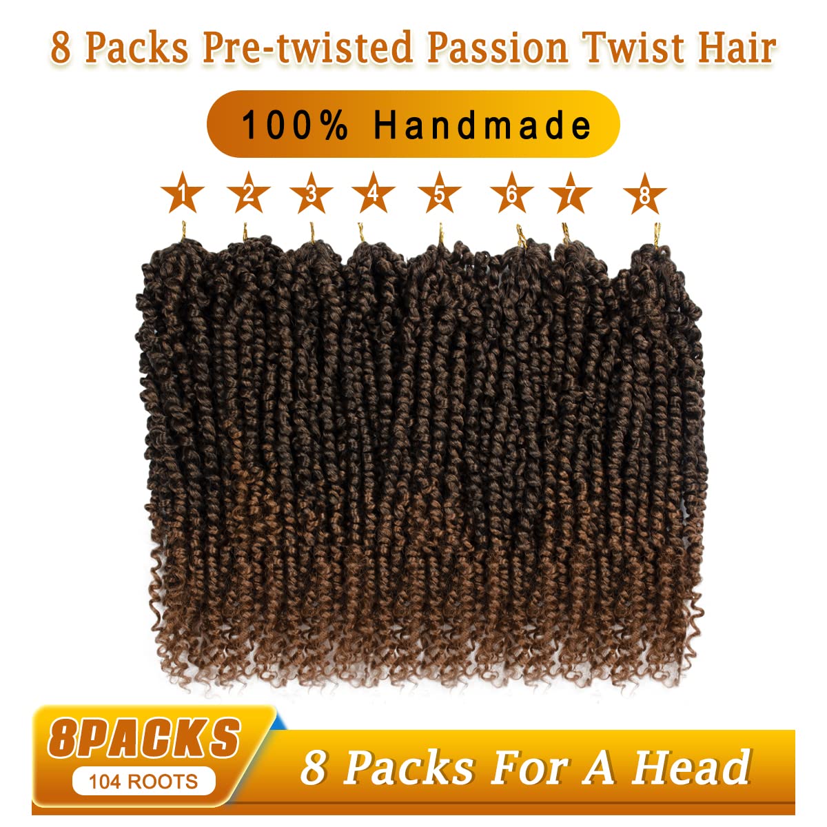 Nice One Pre-Twisted Passion Twist Hair 14 Inch, Short Passion Twist Crochet Hair for Women 8 Packs Ombre Brown Pre-Looped Passion Twists Braiding Synthetic Hair Extensions (14inch,T30#)