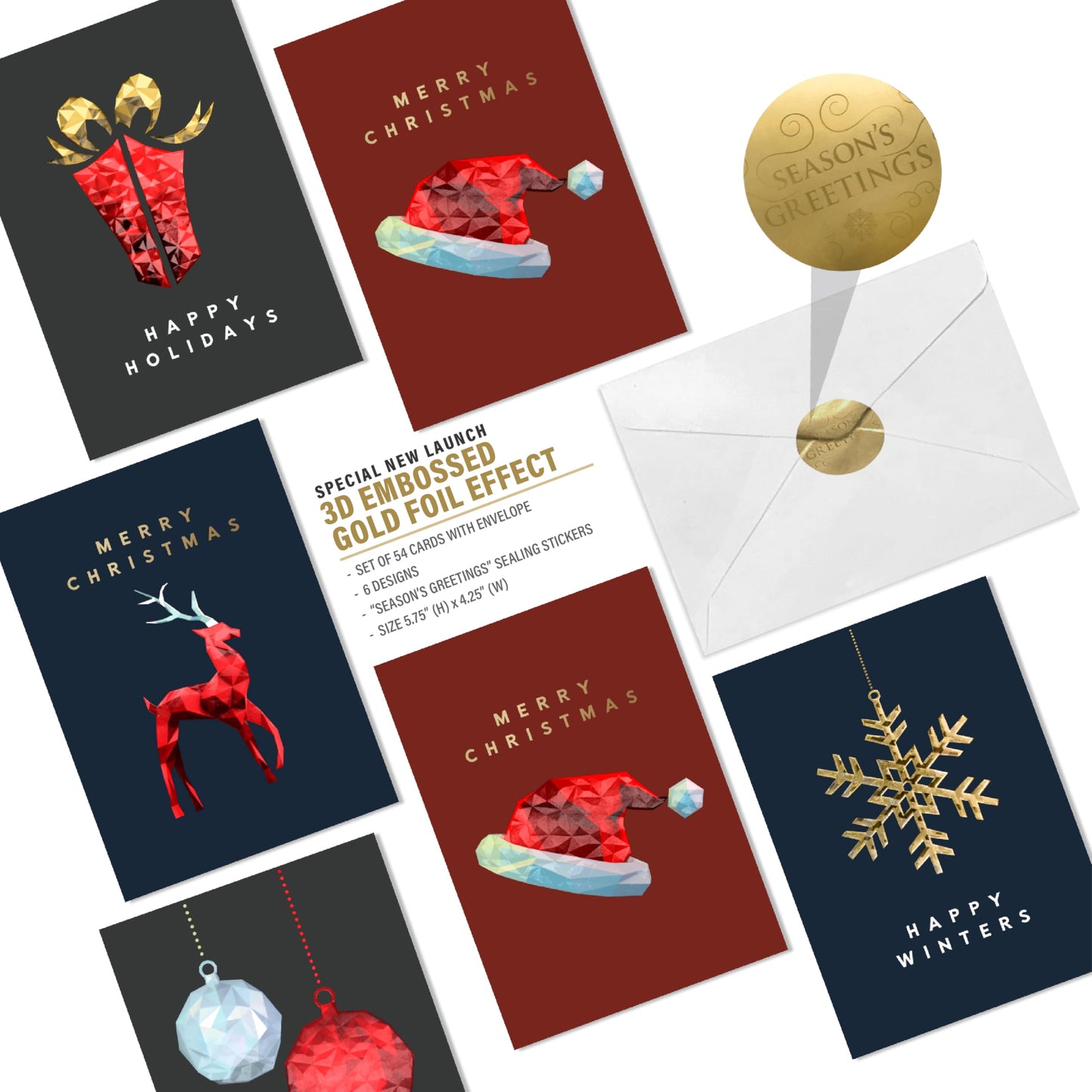 54 Christmas Greeting Cards | 3D Gold Foil & Embossing Designs | 6 Assorted Designs with Envelope | 5.5 x 4 Inch with Sentiments Inside| Merry Christmas Cards with Seal Stickers For Friends , Family