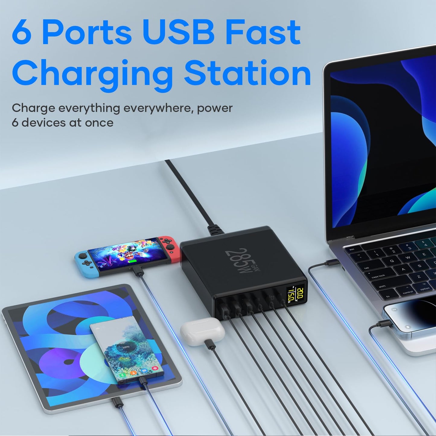 285W USB C Charger Block, YSYFAD 6 Ports Multiple USB Charging Station with Digital LCD Dispaly GaN Fast 100W USB C Charger for MacBook Laptops Multiport USB Charger for i Pad i Phone Samsung, Black
