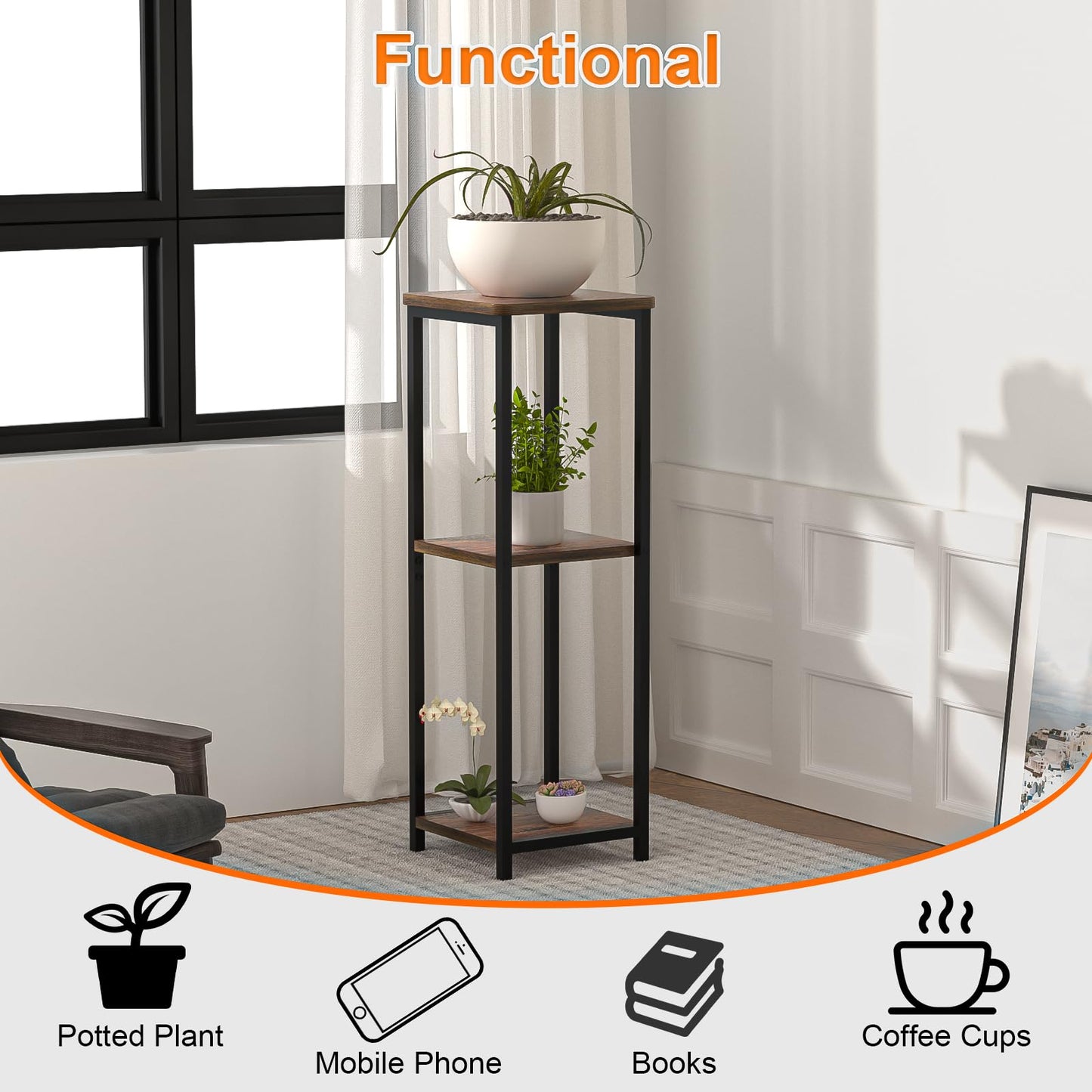 GHIMIGN 10" Wide Square Drink Table with Adjustable Feet - 3-Tier Small Side Table for Apartments, Balcony & Office | Space-Saving, Lightweight & Multi-Functional (Plants, Books, Drinks, Brown)