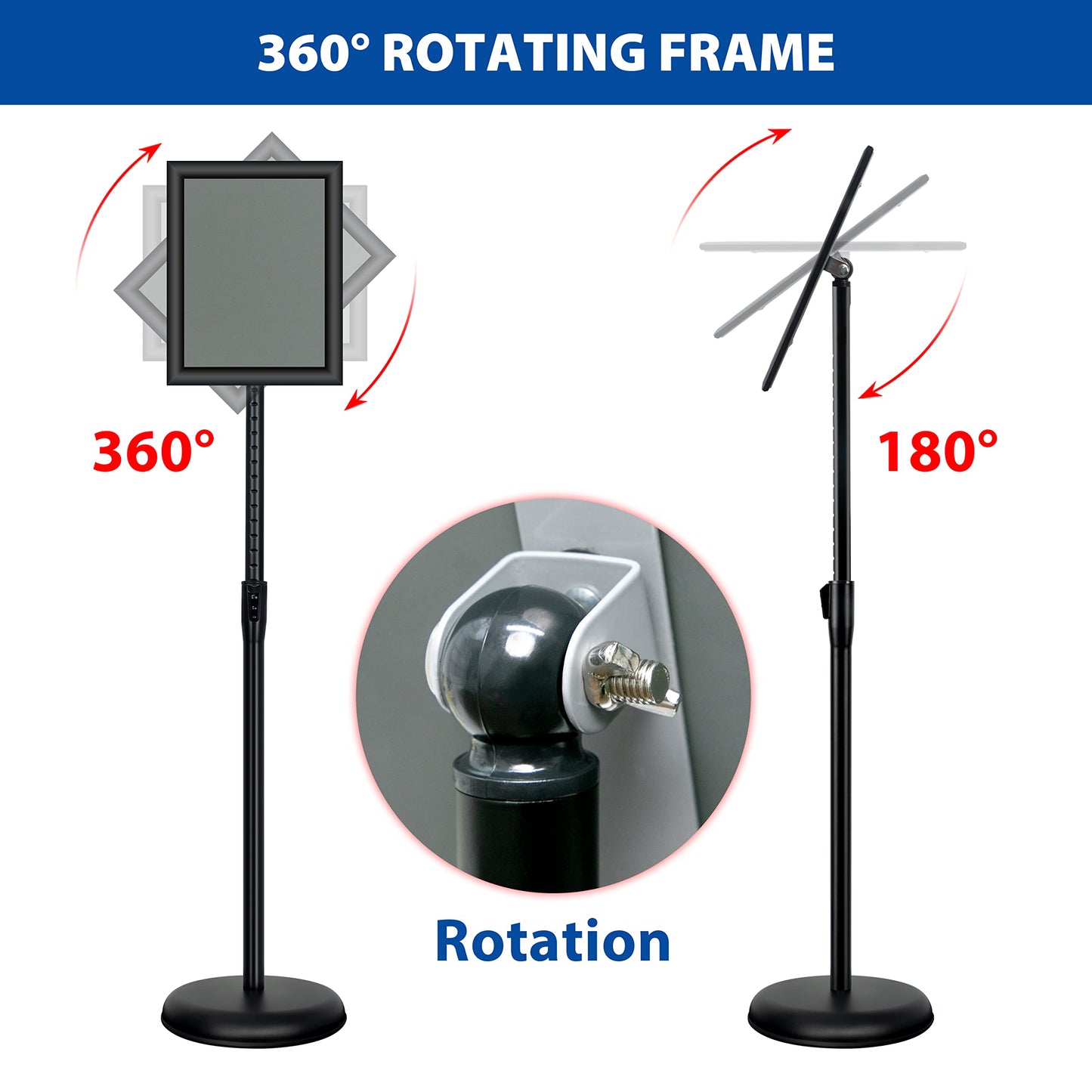 VAIIGO 2Pack 8.5x11 Inch Adjustable Pedestal Poster Sign Stand, Heavy Duty Floor Standing Sign Holder Stand Aluminum Snap Open Frame for Vertical and Horizontal View Sign Displayed(Black)