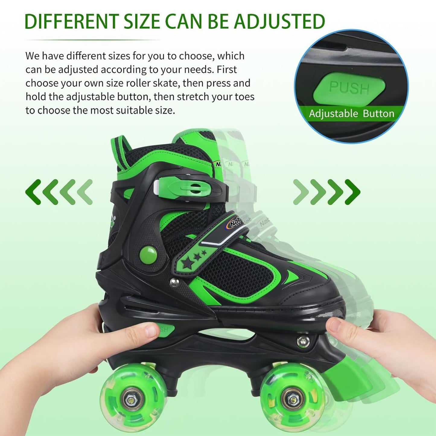 Kids Roller Skates for Boys - Green for Big Kids Age 7 8 9 10 - Adjustable All Light up Wheels Indoor Outdoor Sports Birthday Gift for Son and Grandson