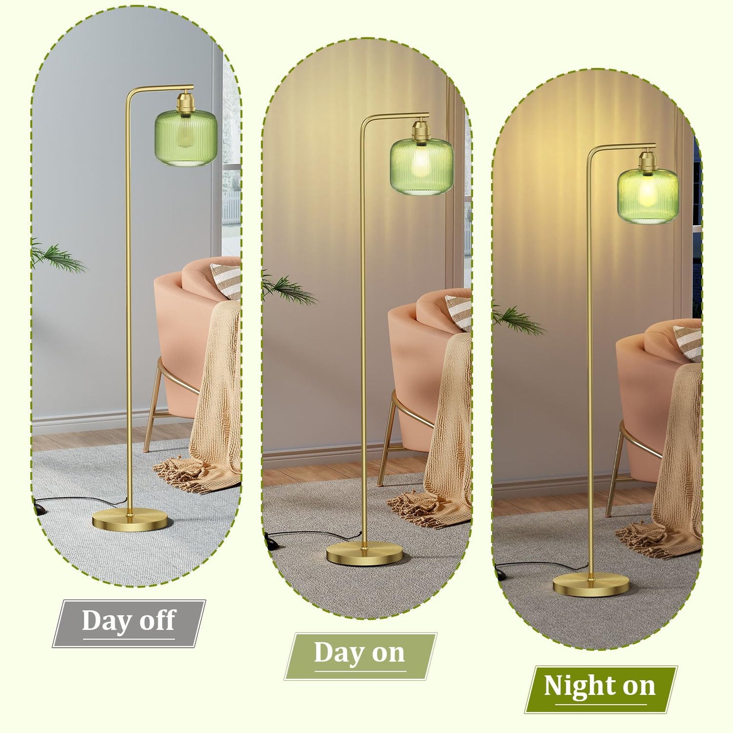 Glass Floor Lamp for Living Room, Modern Standing Lamp with Green Ribbed Glass Lampshade and Pedal Switch, 66” Tall Lamp & Gold Floor Lamp for Bedroom Study Room,Brushed Gold(3000K LED Bulb Included)