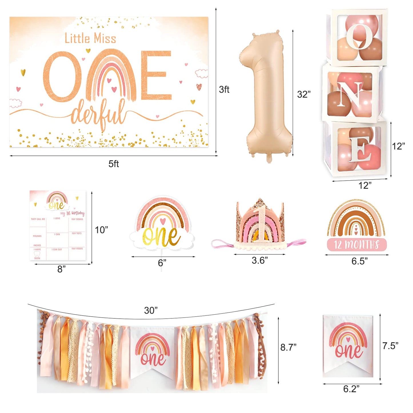 YJDFWAUT Boho Rainbow 1st Birthday Decorations, Bohemian First Decorations, Bohemian Rainbow Baby Monthly Milestone Photo Banner Highchair Banner, Neutral Rainbow Cake Topper Bohemian Crown Hat for Baby Girls First Birthday