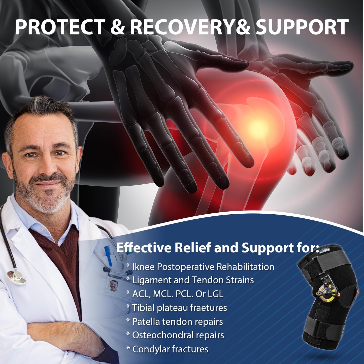 Nvorliy Hinged ROM Knee Brace with Side Stabilizers & Locking Dials, Post Op Knee Immobilizer for Arthritis, ACL, MCL, PCL, Meniscus Tear, Injurie/Knee Pain, Medical Orthopedic Support (X-Large)